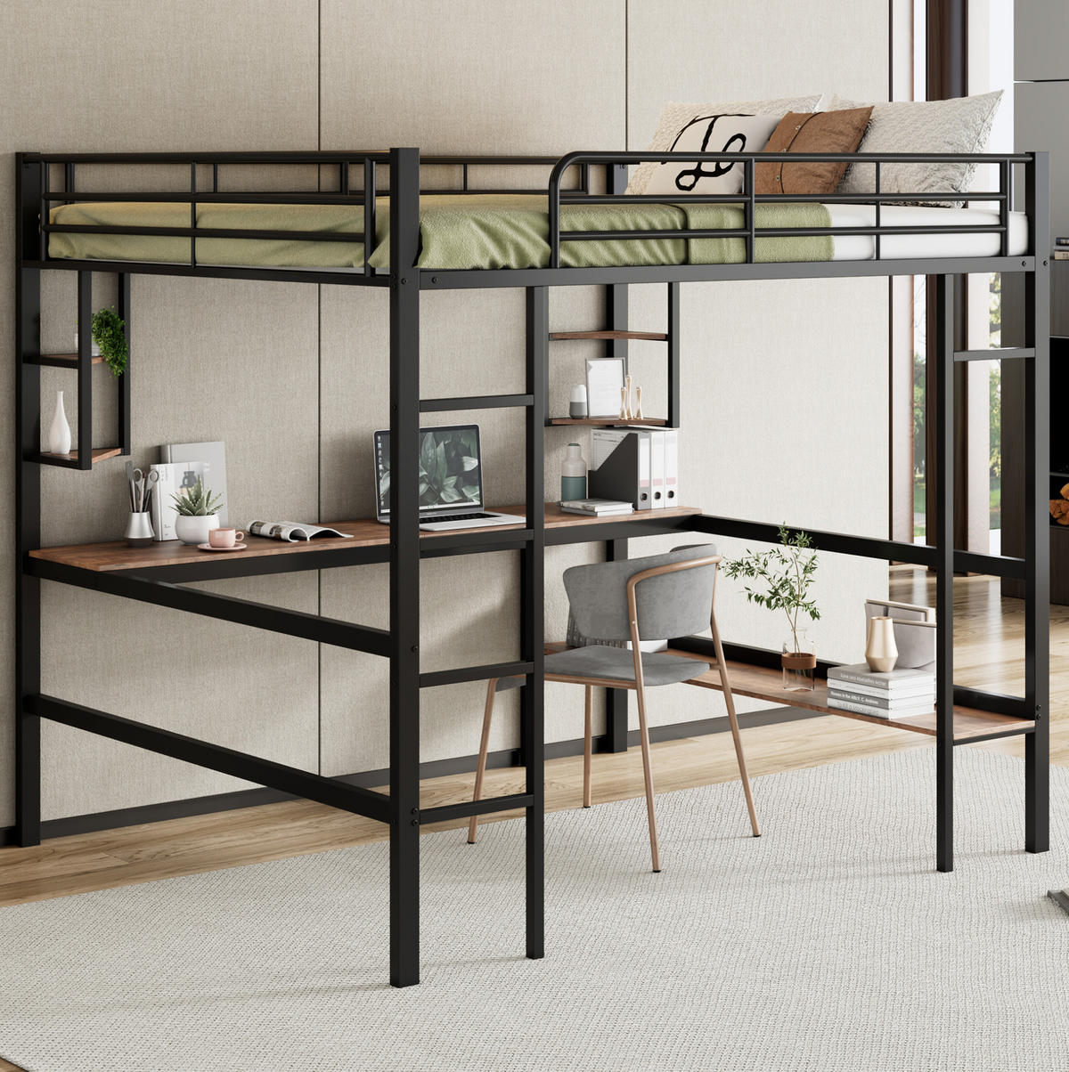 HOCHBETT 140/200 cm Schwarz aus Metall und MDF mit Schreibtisch und Regalen - Schwarz, Metall (140/200cm) - OKMYHOME