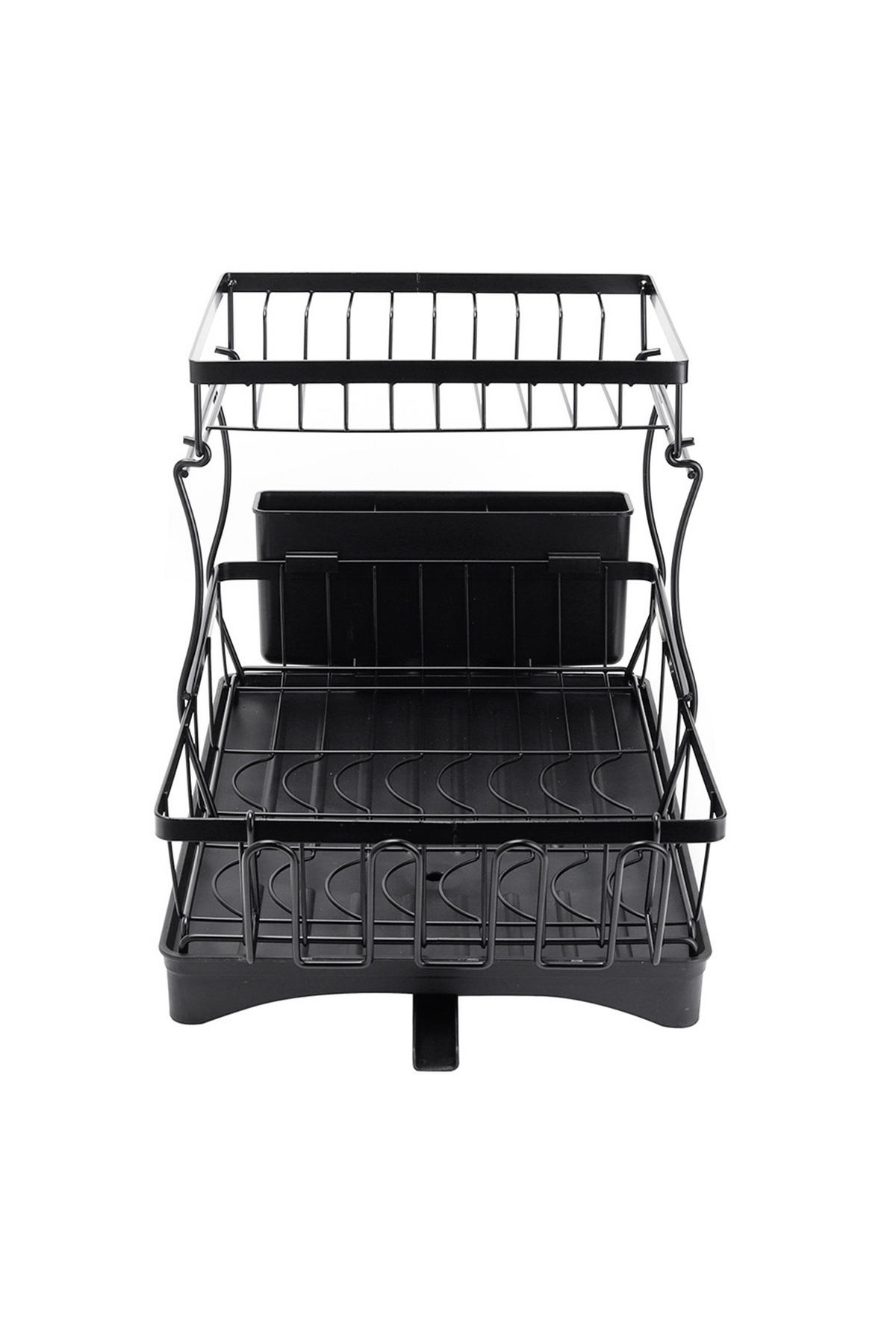 GESCHIRRABTROPFGESTELL 2-stufige aus Kohlenstoffstahl mit Besteckhalter aus PP und einem Becherhalter 49 x 30 x 34 cm - Schwarz, Metall (49/43/30cm) - Livingandhome