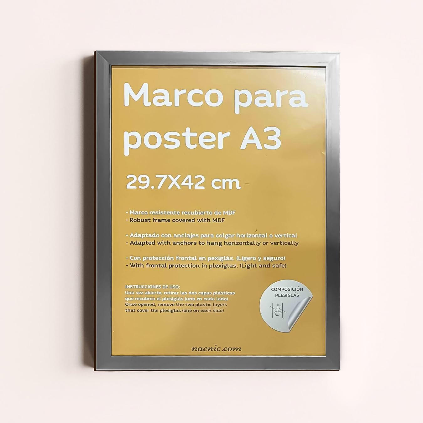 RAHMEN Set mit 4 aus MDF und Acrylglas Schutz und Aussteller für Fotografien, Bilder, Poster, Gemälde, Dekoration für Haus Farbe Hellholz A3 - Beige, Holz (29.7/3/42cm) - Nacnic