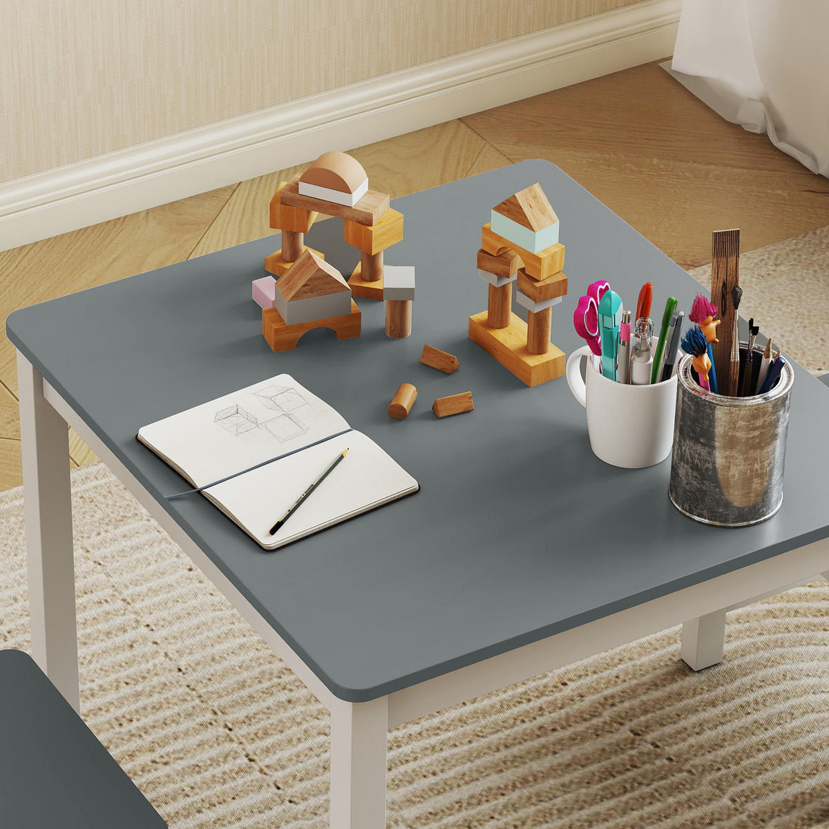 KINDERTISCH DE-10491 mit 2 Stühlen, für 3-8 Jahre Grau - Grau, Holzwerkstoff (52/48/56cm) - ComfortXL