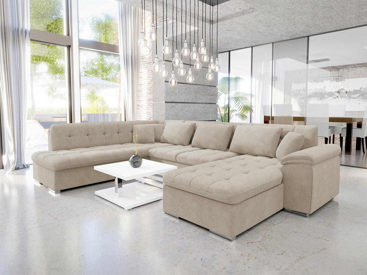 WOHNLANDSCHAFT Niko Bis, Seite: Rechts - Champagner, Holz/Textil (348/76/205cm) - MIRJAN24