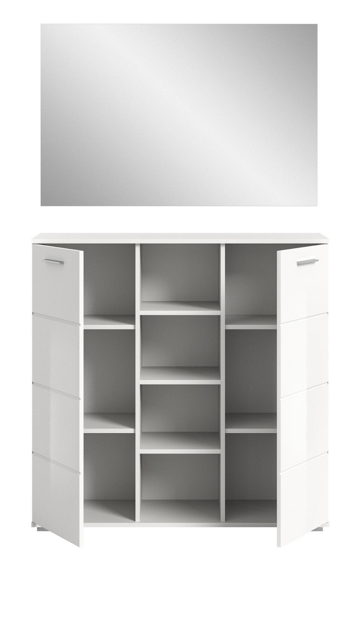 GARDEROBE Set 2-teilig weiß Hochglanz 110 cm, Kombination mit 10 Fächern - Weiß Hochglanz/Silberfarben, Glas/Holzwerkstoff (110/191/37cm) - Inn.Furn