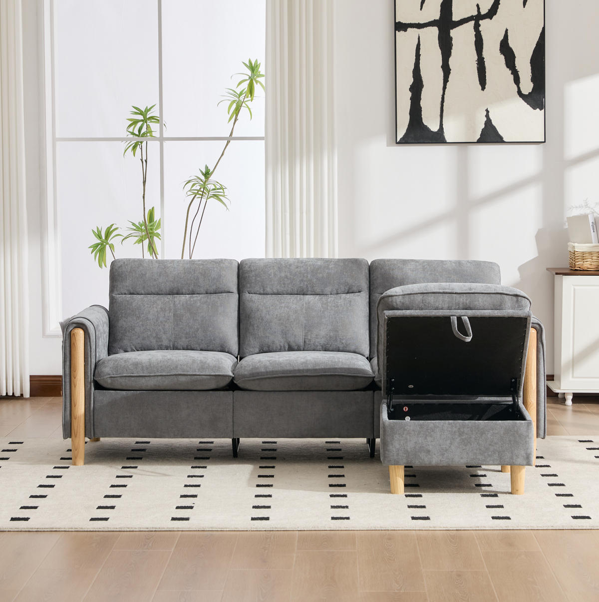 SOFA mit Stauraumhocker L-Form 201 x 77 x 86 cm Chenille Hellgrau - Hellgrau, Holz (77/201cm) - Meubliv