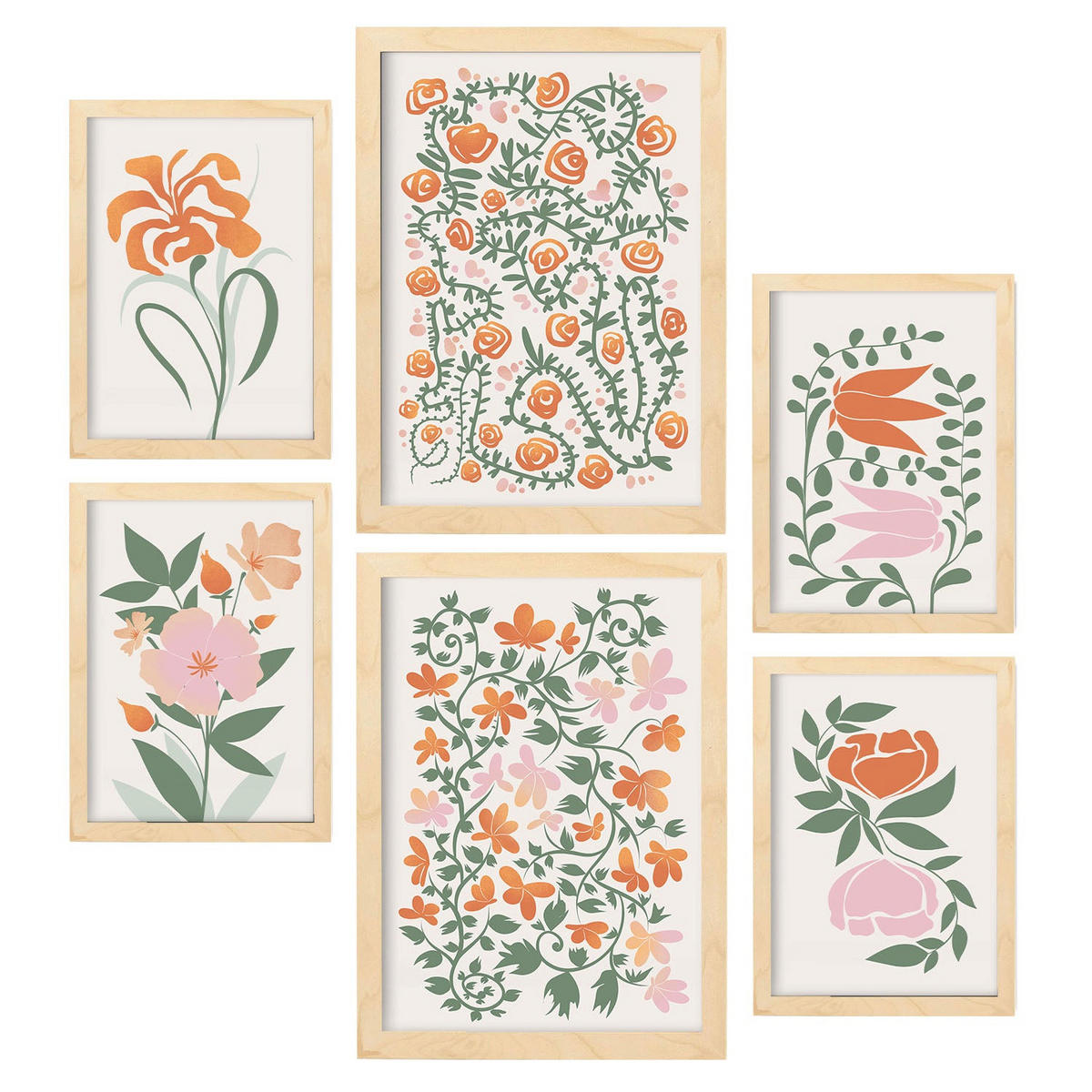 POSTER Set Mit 6 Fustige Blume Zusammenfassung A3 & A4 Rahmen Aus Hellem Holz - Beige, Papier (29/3cm) - Nacnic