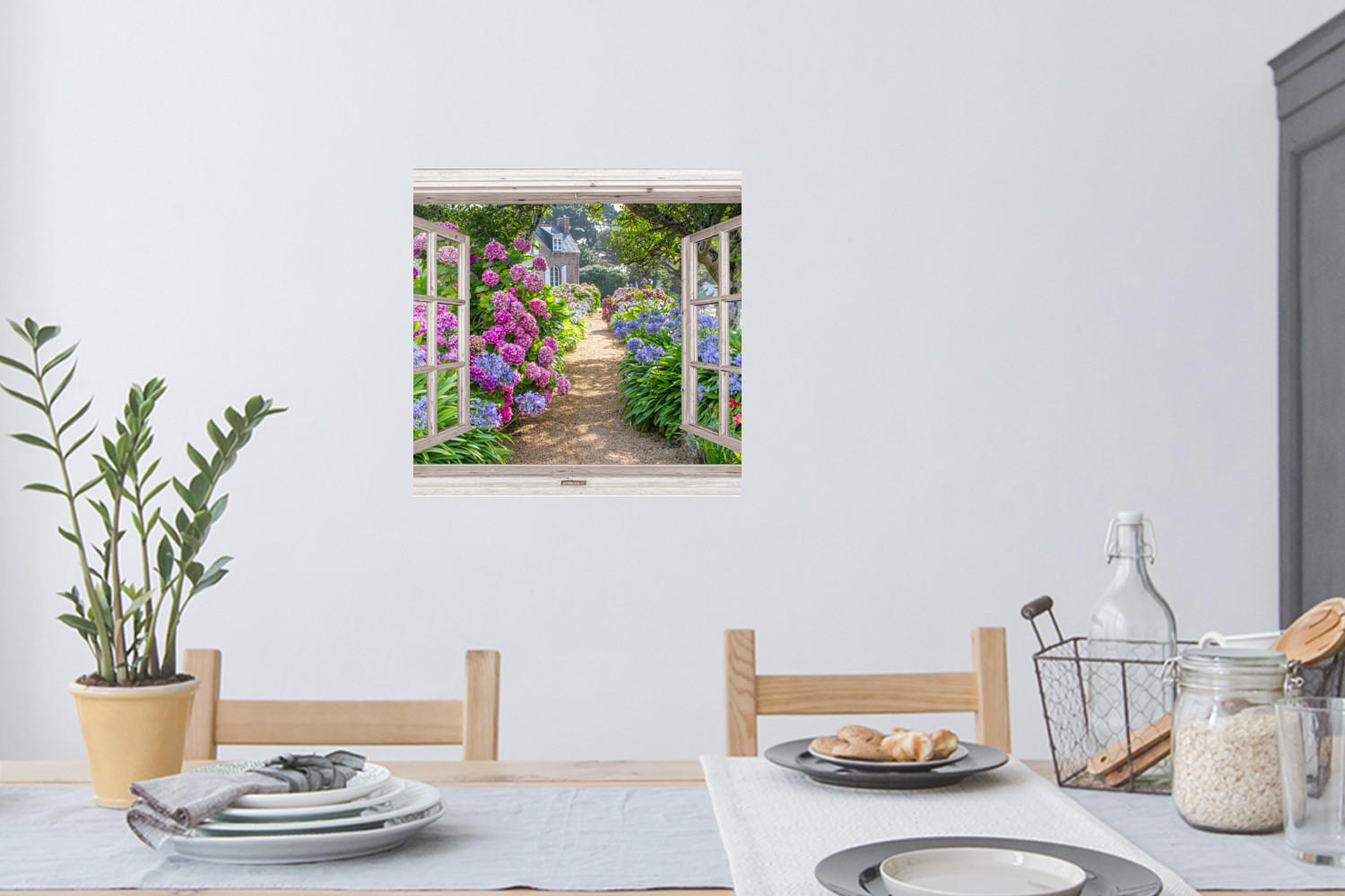WANDTATTOO Hortensie - Fensterblick - Blumen - Sommer - Lila - Weg 50x50 cm - Lila, Kunststoff (50/50/0.1cm) - MuchoWow