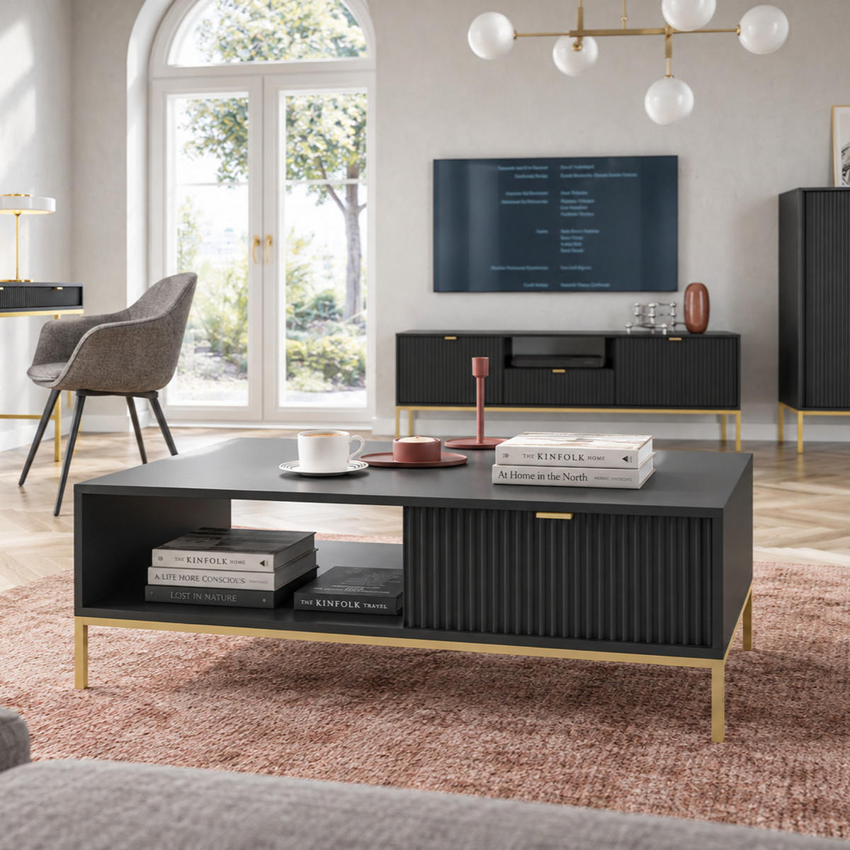 SCHWARZER Moderner Geriffelter Couchtisch KIOTO Ł2SZ (Gold Gestell, Vollauszug) - Goldfarben/Schwarz, Holz/Holzwerkstoff (68/104/46cm) - Ravio