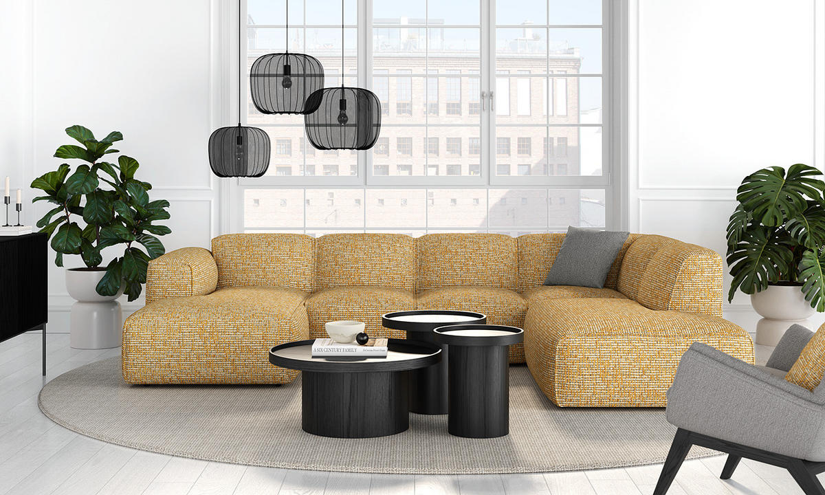 WOHNLANDSCHAFT mit Longchair - Schwarz/Honig, Kunststoff/Textil (325/71/235cm) - home24