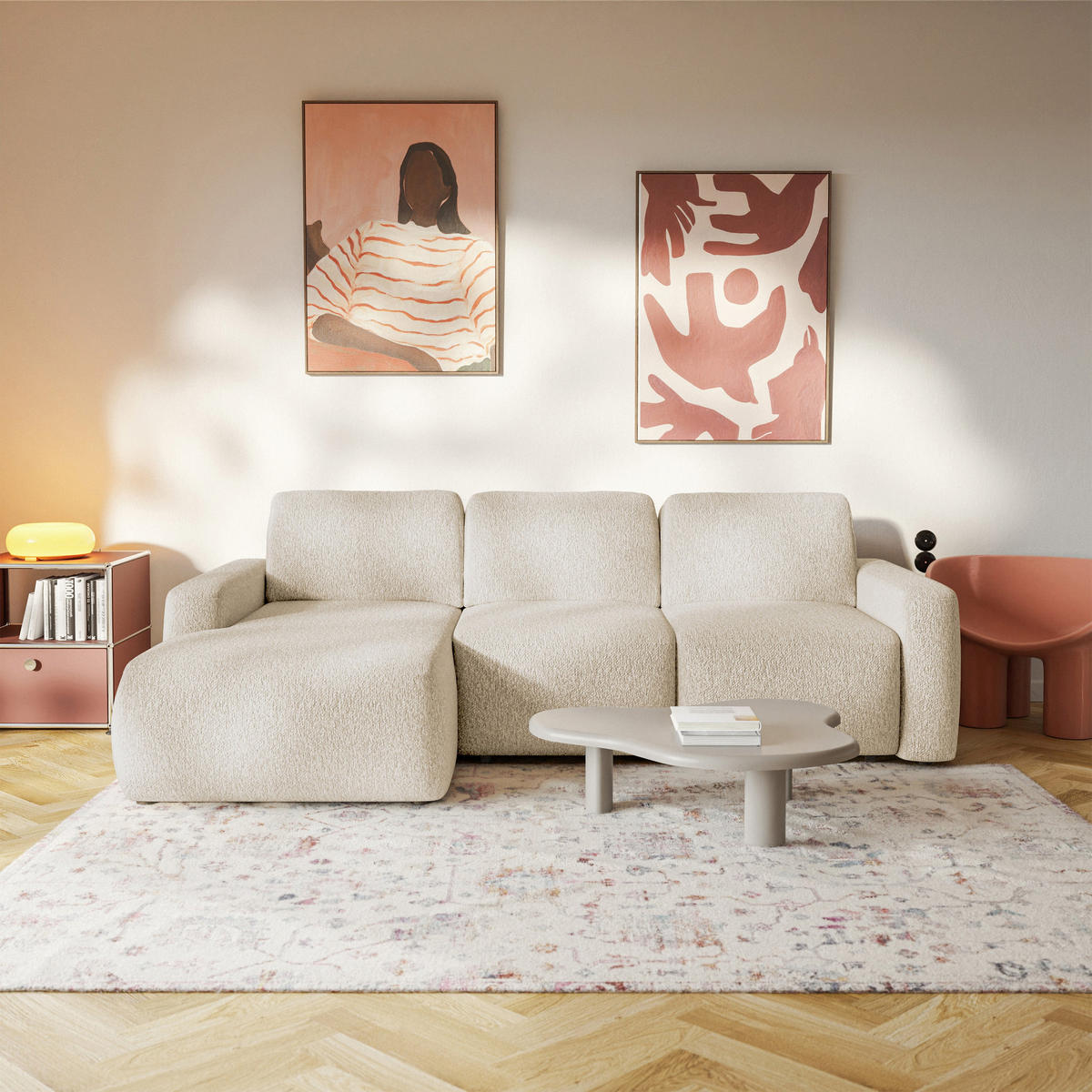 ECKSOFA Carnos Mini Hellbeige Chenille - Ecru/Schwarz, Kunststoff/Textil (238/164cm) - Selsey