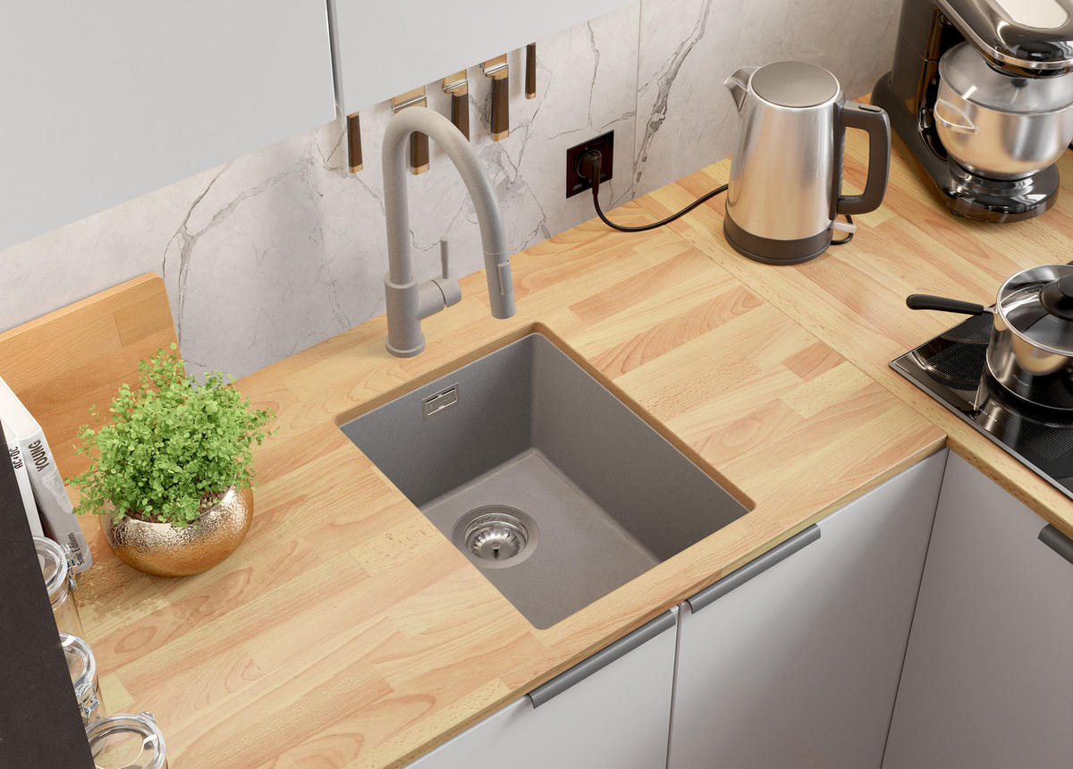 UNTERBAUSPÜLE GRANIT London, 2-er set Grau 36/47 cm 1 Becken + Küchenarmatur 40/20 cm + Ablauf-Set ab 40er Unterschrank - Chromfarben/Grau, Kunststoff (36/20/47cm) - Primagran