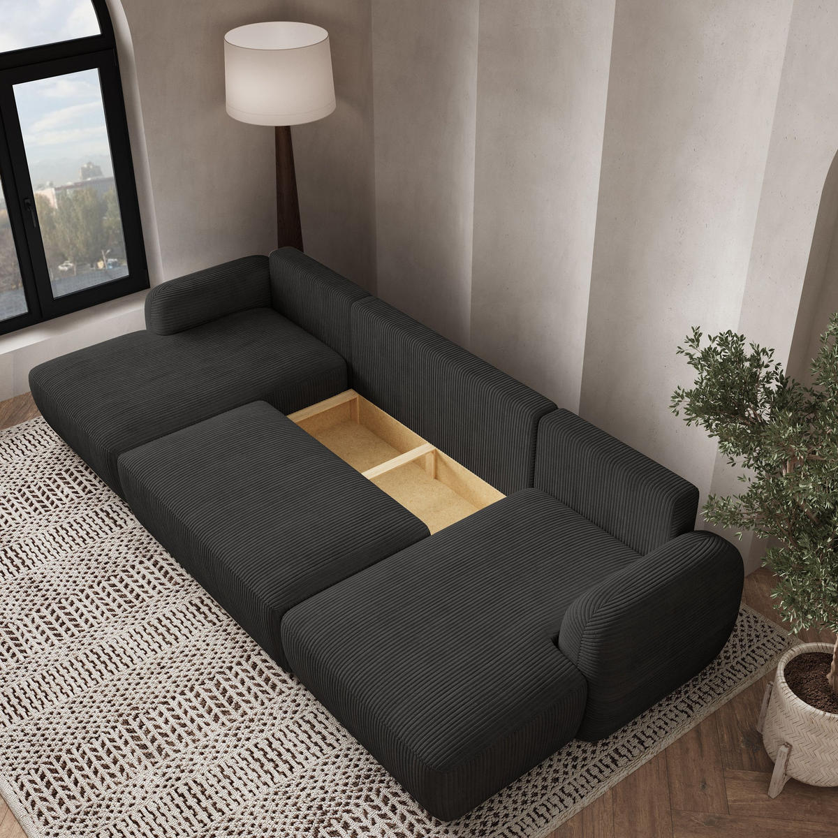 WOHNLANDSCHAFT SAVONA P Schwarz Kordstoff mit Schlaffunktion - Schwarz, Holz (320/90/148cm) - MASSENO