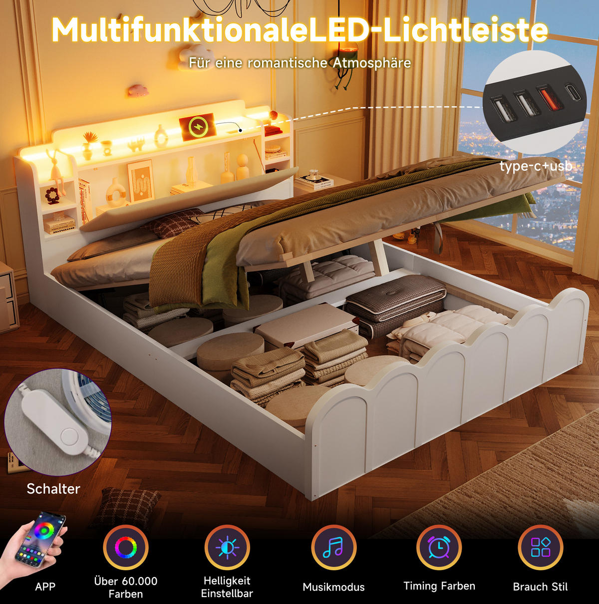 POLSTERBETT 140/200 cm mit LED-Beleuchtung, USB-/Typ-C-Anschluss und hydraulischem Bettkasten, Weiß - Weiß, Holzwerkstoff (140/200cm) - Redom