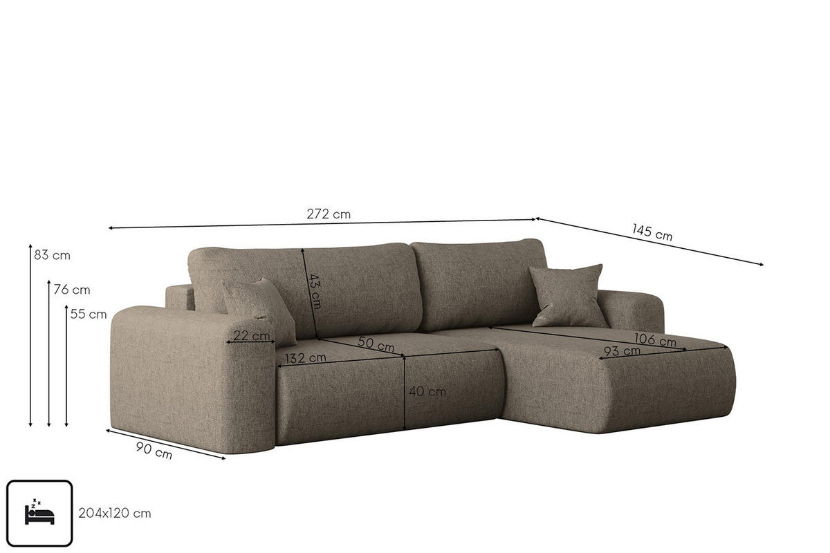 ECKSOFA Mit Schlaffunktion Und Bettkasten L-förmiges Sofa Capri Stoff Neve Braun Rechts - Cappuccino, Holz (272/145cm) - Kaiser Möbel