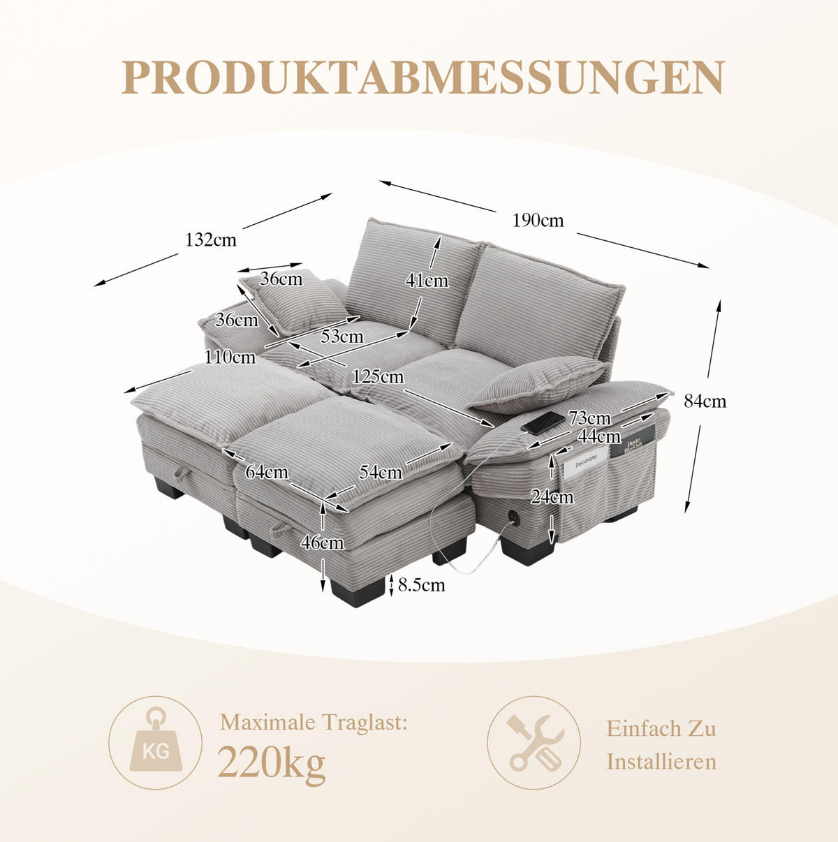 SOFA modular 2-Sitzer mit 2 Hockern Corduroy Light Gray - Hellgrau, Holzwerkstoff (132/84/190cm) - Meubliv