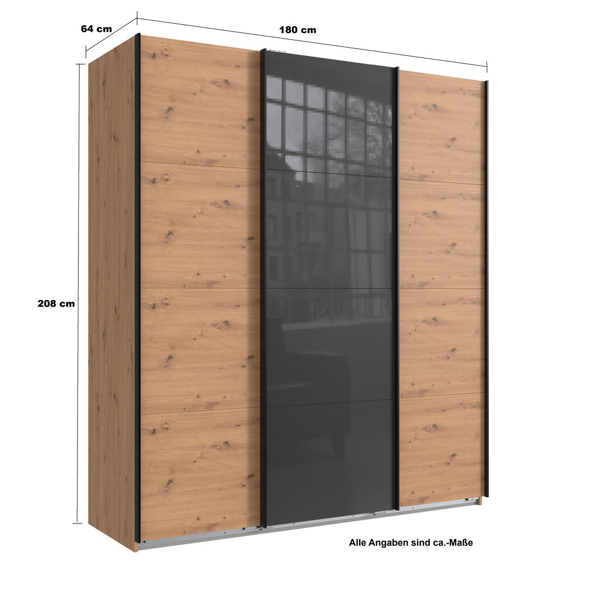 SCHWEBETÜRENSCHRANK 3-türig in Eiche Artisan Dekor, eine Tür mit Glasfront Grau, B180/H208/T64 cm / 22517 - Eichefarben/Schwarz, Holzwerkstoff/Metall (180/208/64cm) - luma-home
