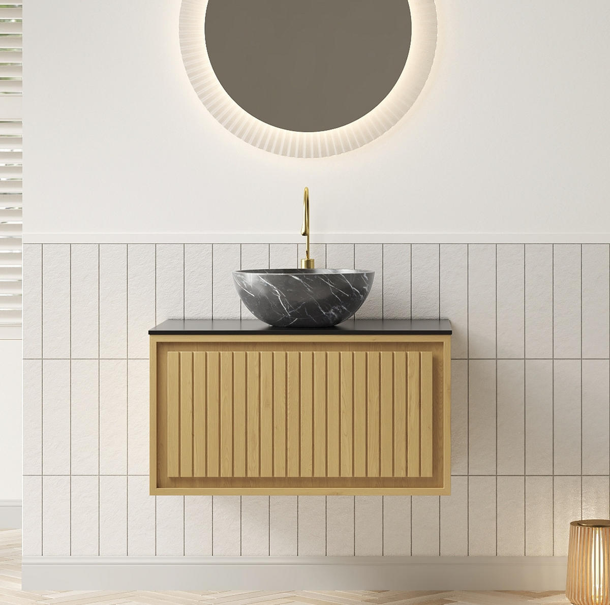 WASCHTISCHKOMBI 76x48x55.1cm Schwarz/Gold mit Sinterstein-Arbeitsplatte & Aufsatzbecken - Goldfarben, Keramik (76/55.1/48cm) - Modfu