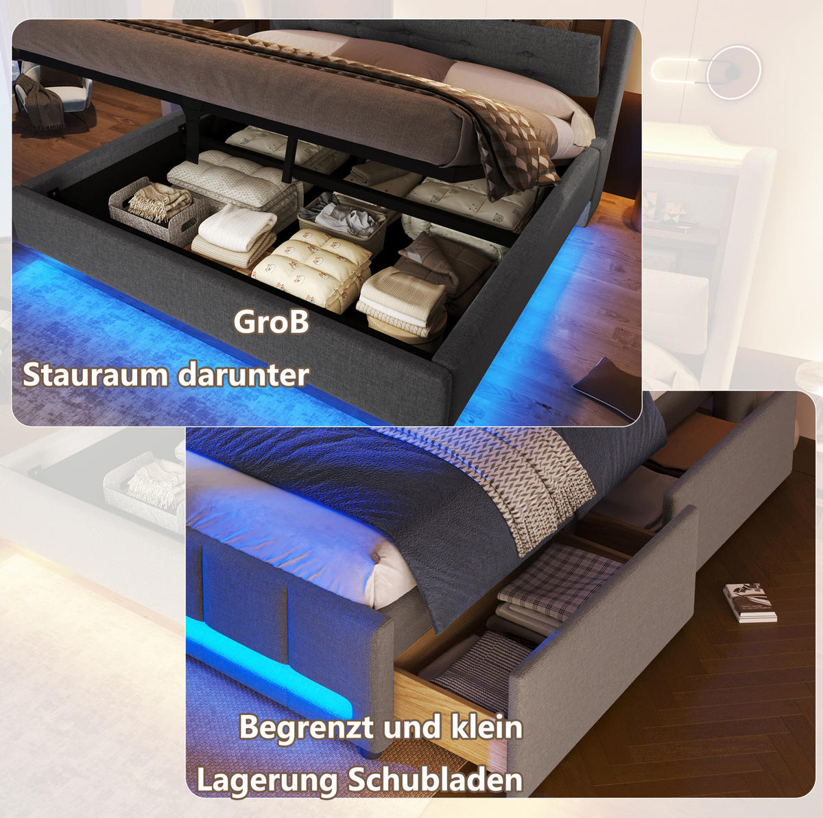 ČALOUNĚNÁ postel 140/200 cm šedá z lnu s LED osvětlením, úložným prostorem a USB-C - šedá, textil (140/200cm) - OKWISH