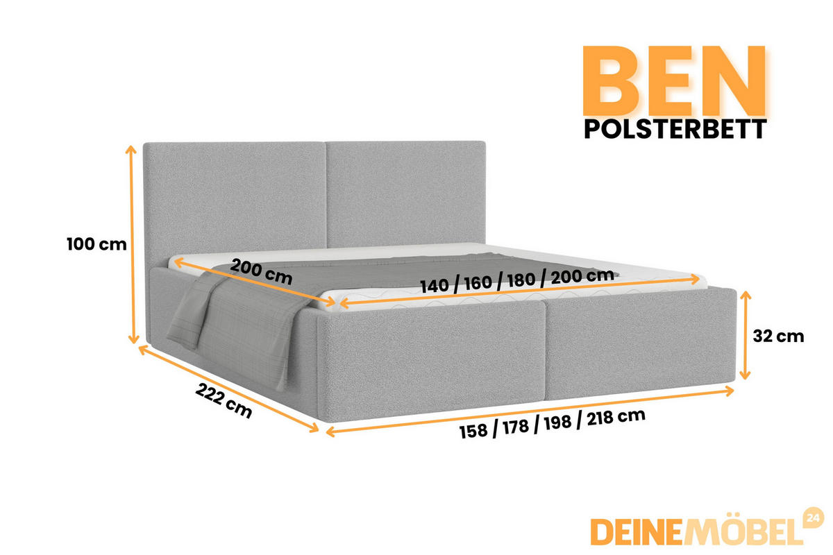 POLSTERBETT BEN 140/200 in Boucle Hellgrau - Hellgrau, Holz/Holzwerkstoff (140/200cm) - Deine Möbel 24