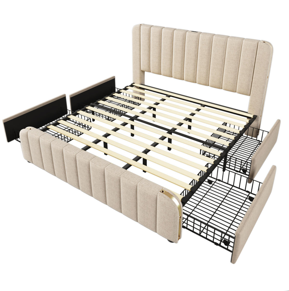 POLSTERBETT aus Leinen 180x200 cm Beige mit 4 Schubladen, USB-/USB-C-Anschluss und Matratze - Beige, Textil (180/200cm) - IVMEU