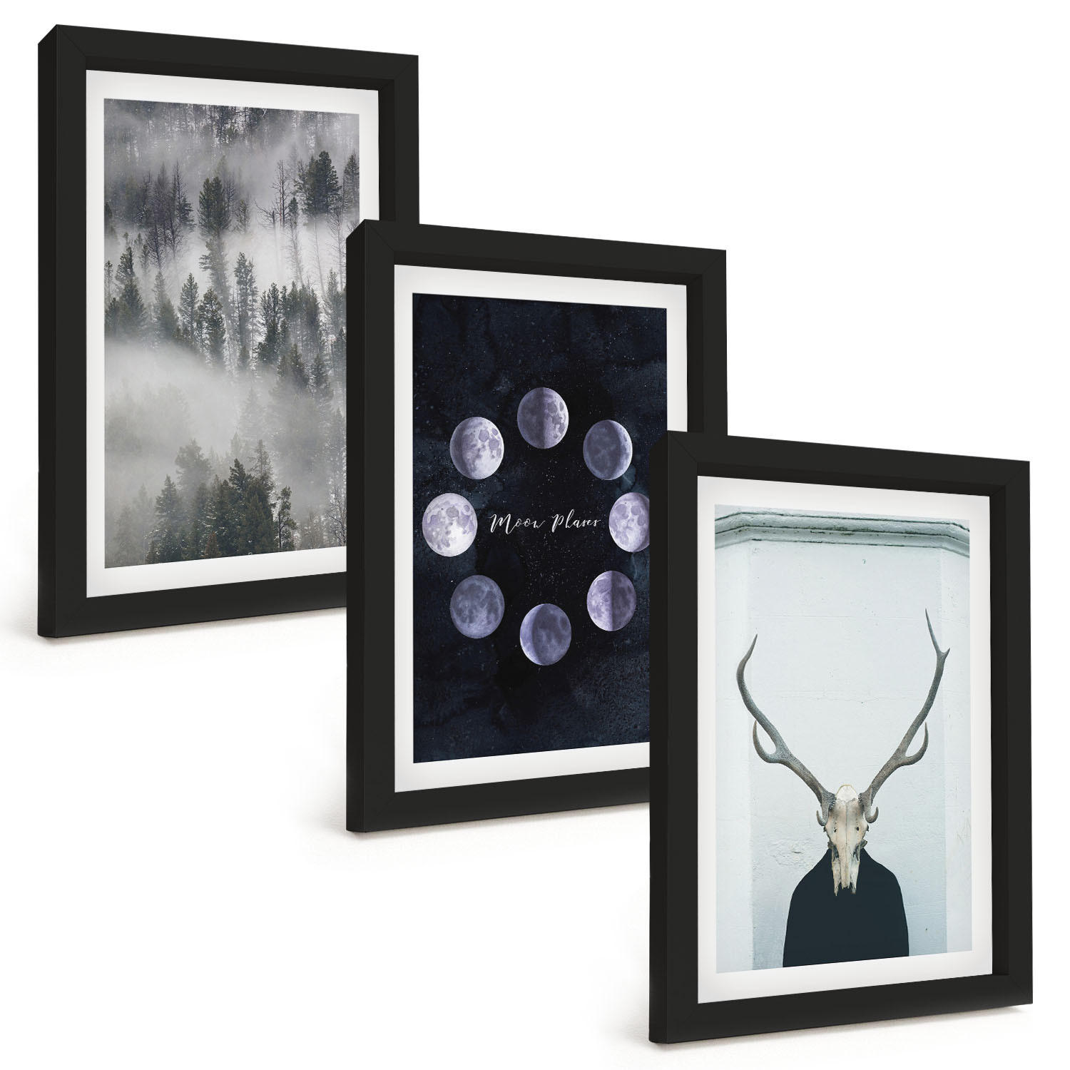 BILDER SET 3er Set - 20x30 cm Schwarzer Rahmen - Waldlandschaft, Nebel, Mond, Hirschschädel - Schwarz, Kunststoff (20/30cm) - TULUP