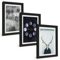 BILDER SET 3er Set - 20x30 cm Schwarzer Rahmen - Waldlandschaft, Nebel, Mond, Hirschschädel - Schwarz, Kunststoff (20/30cm) - TULUP
