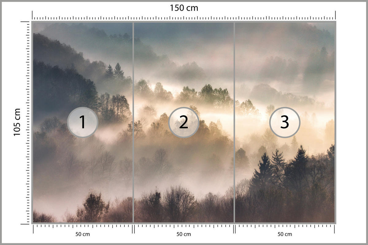 FOTOTAPETE für Wohnzimmer Natur Nebeliger Wald Sonnenaufgang Gebirge 150x105 - Gelb/Creme, Papier (150/105cm) - Muralo
