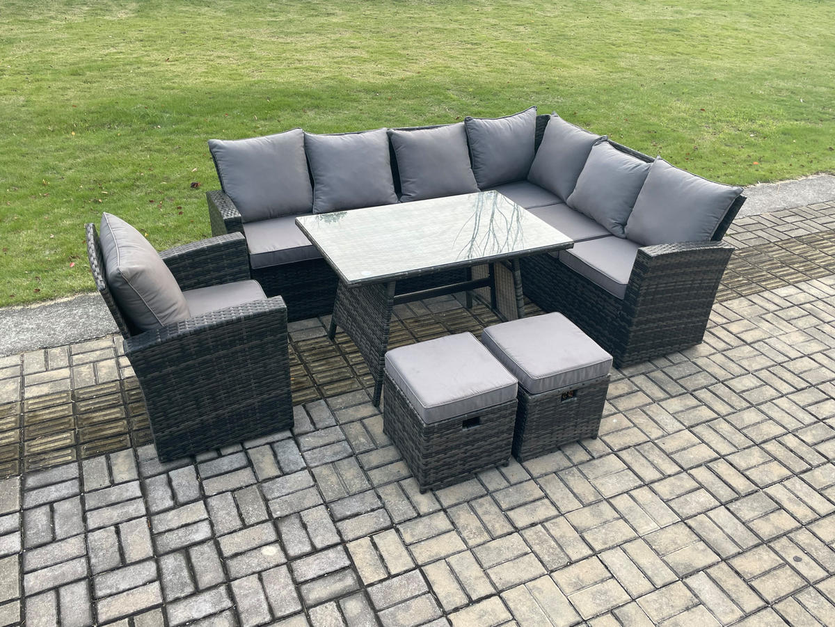 SITZGRUPPE mit Ecksofa Polyrattan Dunkelgrau 9-Sitzer - Dunkelgrau/Grau, Glas/Kunststoff - Fimous