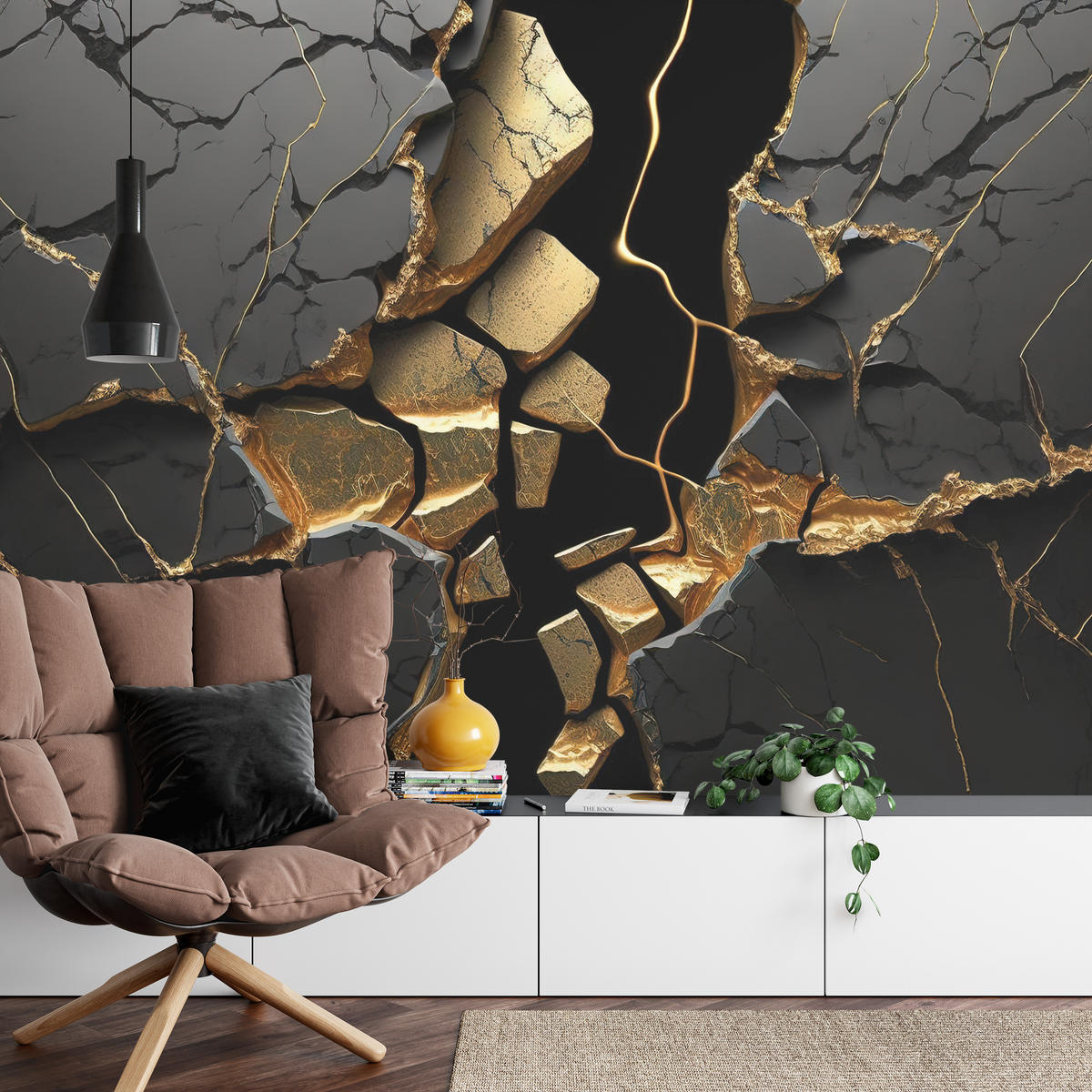 FOTOTAPETE für Wohnzimmer Schwarzer Abstrakter Marmor Gold Risse Wand 200x140 - Schwarz, Papier (200/140cm) - Muralo