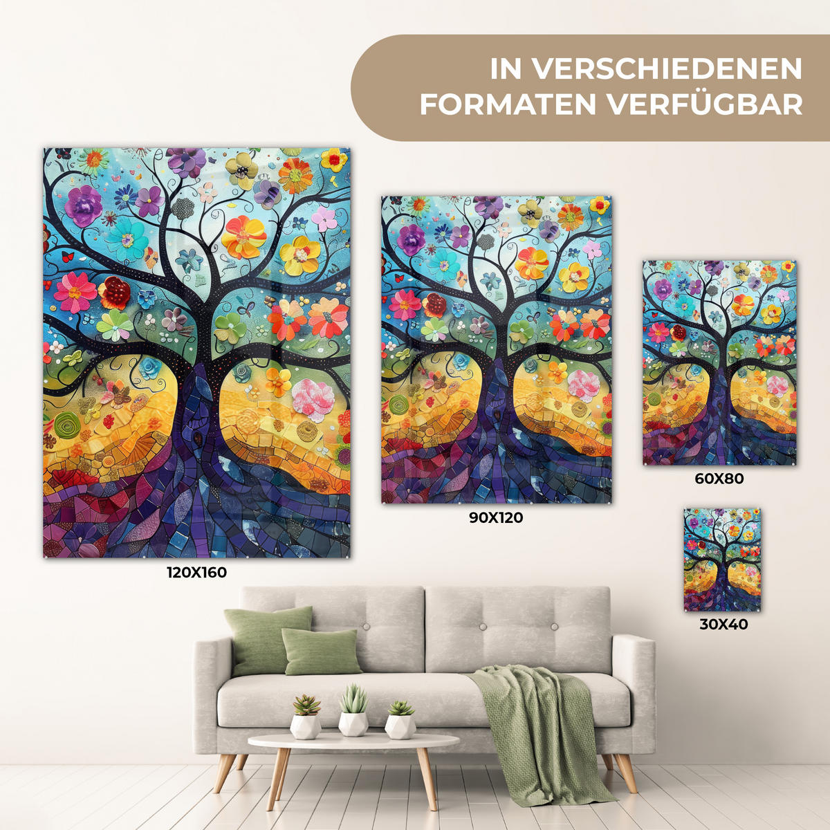 OBRAZ NA AKRYLOVOM SKLE Umenie - Strom života - Kvety - Hippie 60x80 cm - tmavomodrá, sklo (60/80cm) - MuchoWow