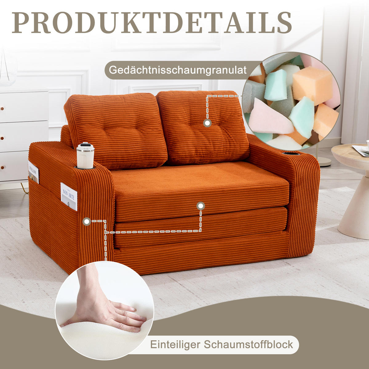 SCHLAFSOFA in Orange Cord mit Getränkehalter und Seitentaschen - Orange, Textil (136/82.5/80cm) - Oxeza