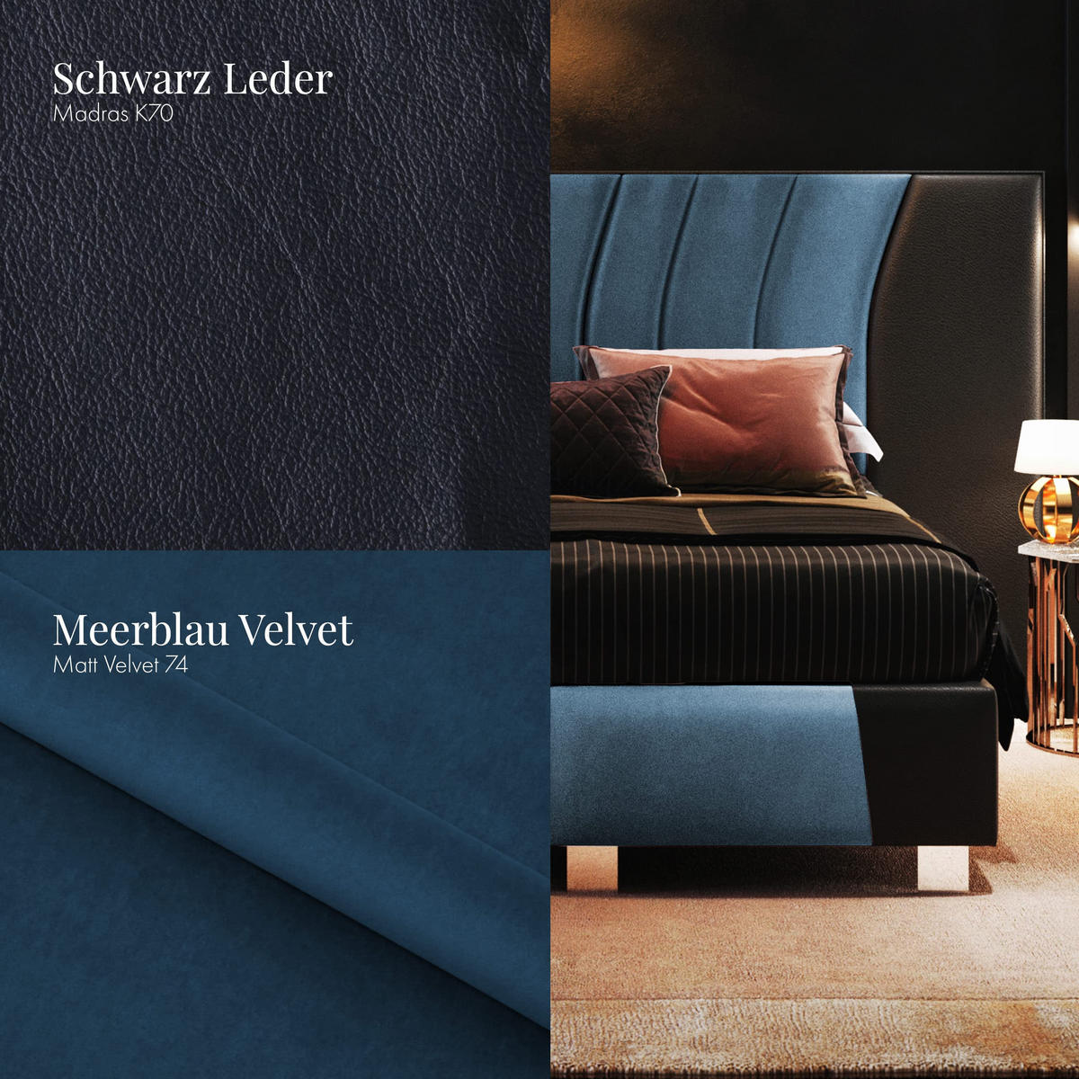 BOXSPRINGBETT IMPERIAL 140x200 cm, Aus Leder und Velvet Bezug, Schwarz Leder + Meerblau Velvet - Dunkelblau, Leder/Holz (140/200cm) - Trada