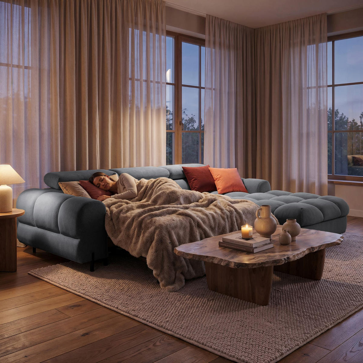 ECKSOFA UFFO L Rechts mit Schlaffunktion 260x195 Velours Grau - Schwarz/Grau, Holz/Textil (195/260cm) - Muffo