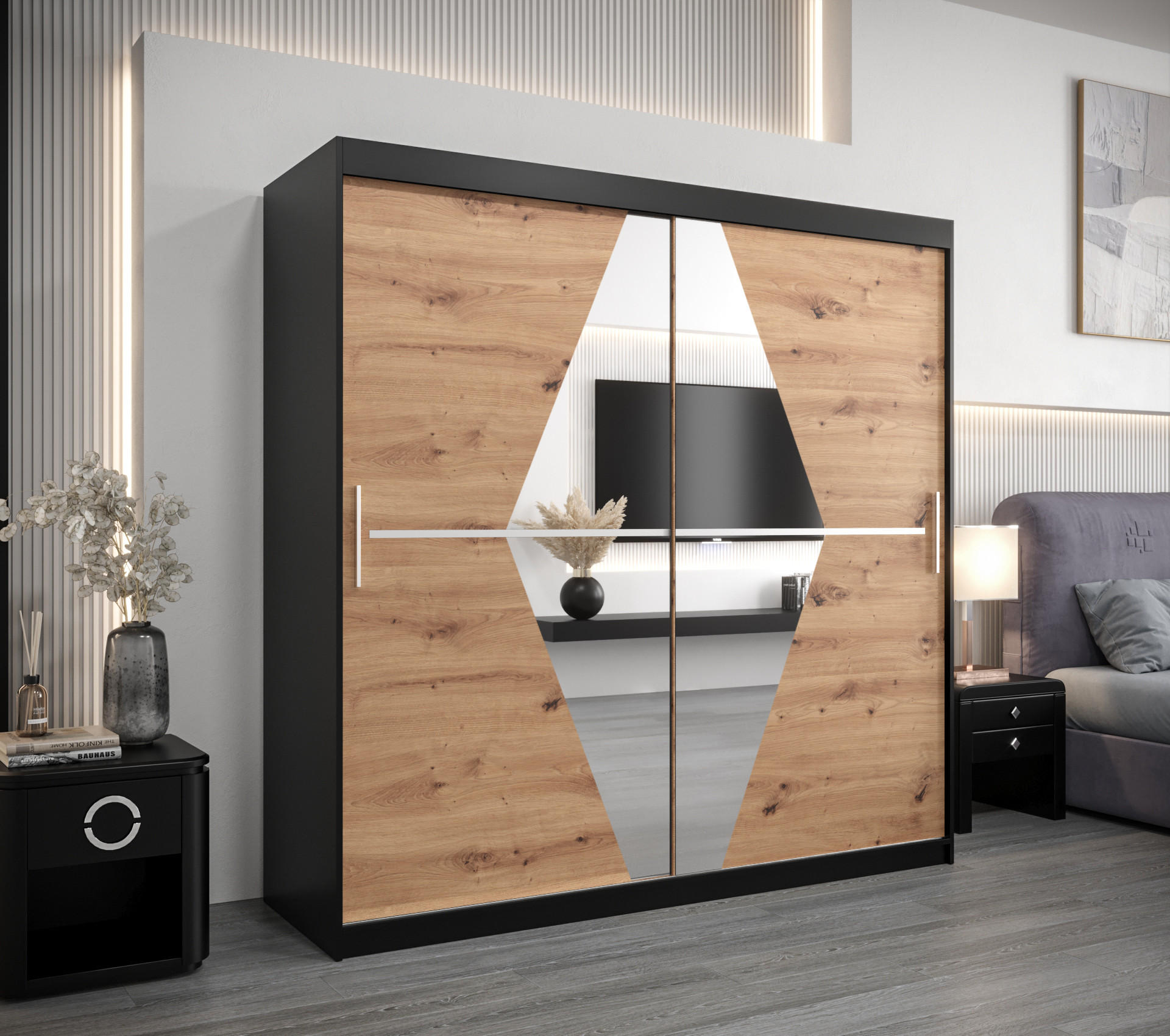 SCHWEBETÜRENSCHRANK 200/200/62 2-türig - Silberfarben/Schwarz, Holz/Kunststoff (200/200/62cm) - Abiks Möbel