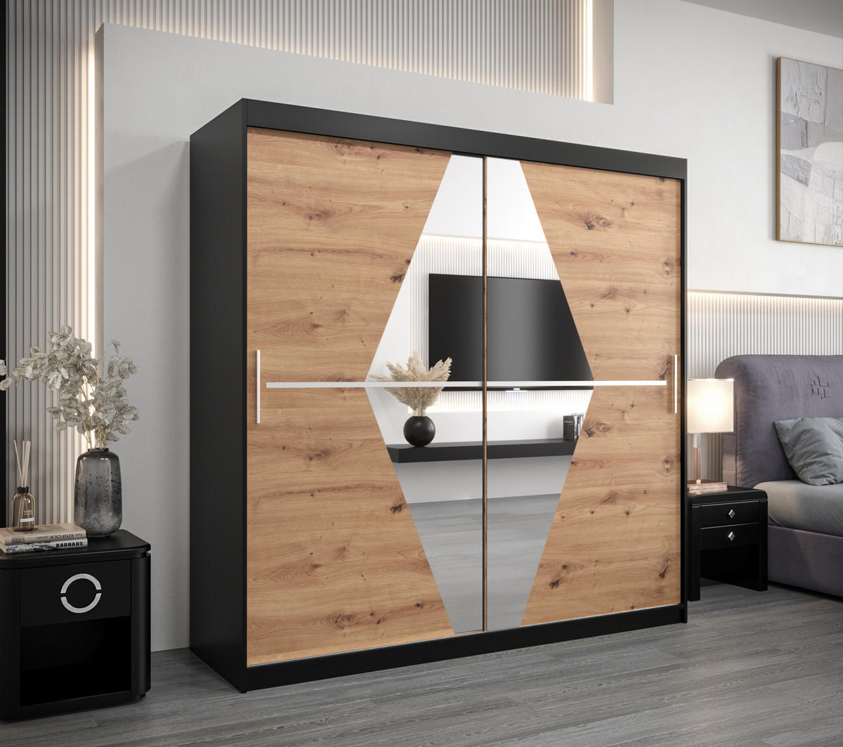 SCHWEBETÜRENSCHRANK 200/200/62 2-türig - Silberfarben/Schwarz, Holz/Kunststoff (200/200/62cm) - Abiks Möbel