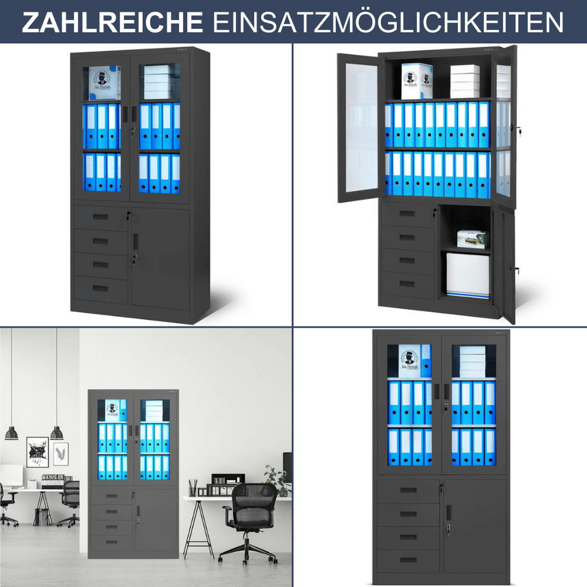 VITRINENSCHRANK abschließbar PUMME mit Schubladen 185x90x40cm Anthrazit - Anthrazit, Metall (90/185/40cm) - DELUKE