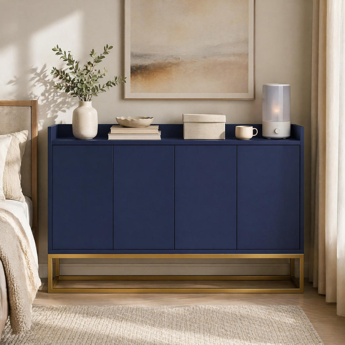 SIDEBOARD in Marineblau Anrichte mit 4 Türen für Esszimmer, Küche und Wohnzimmer, B120/T30/H80 cm - Goldfarben/Dunkelblau, Holzwerkstoff/Metall (120/80/30cm) - STILVORA