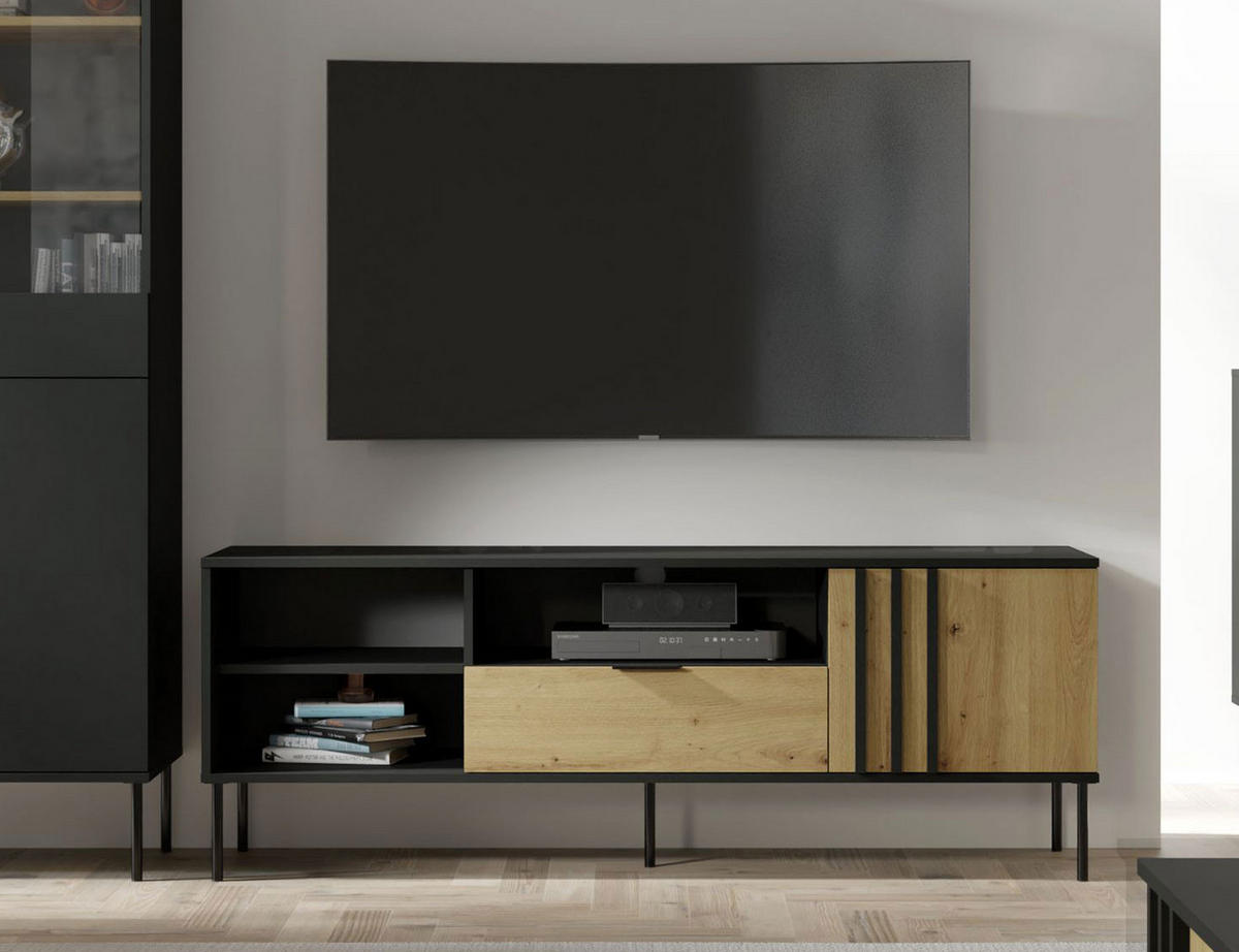 LOWBOARD Rodgau Schwarz / Eiche Artisan 160 / 40 / 58cm - Schwarz/Eiche Artisan, Holz/Holzwerkstoff (160/58/40cm) - Feldmann-Wohnen