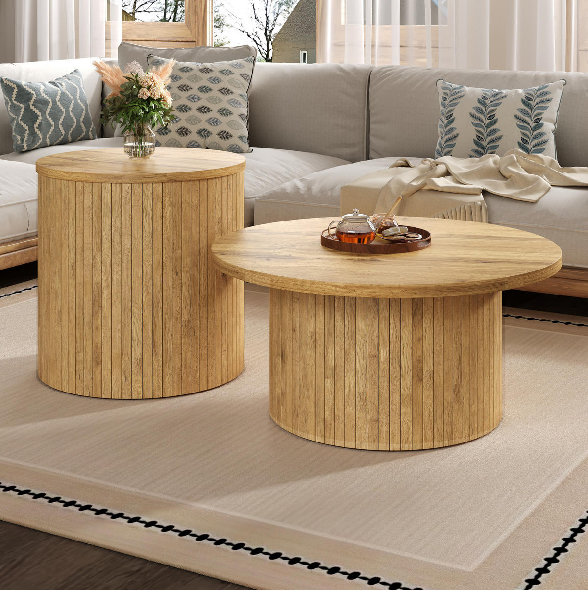 KLUB stolić set 75/75/36 i 50/50/50,5 cm prirodna boja od MDF-a s modularnim okruglim dizajnom - prirodne boje, drvni materijal (75/75/36cm) - OKWISH