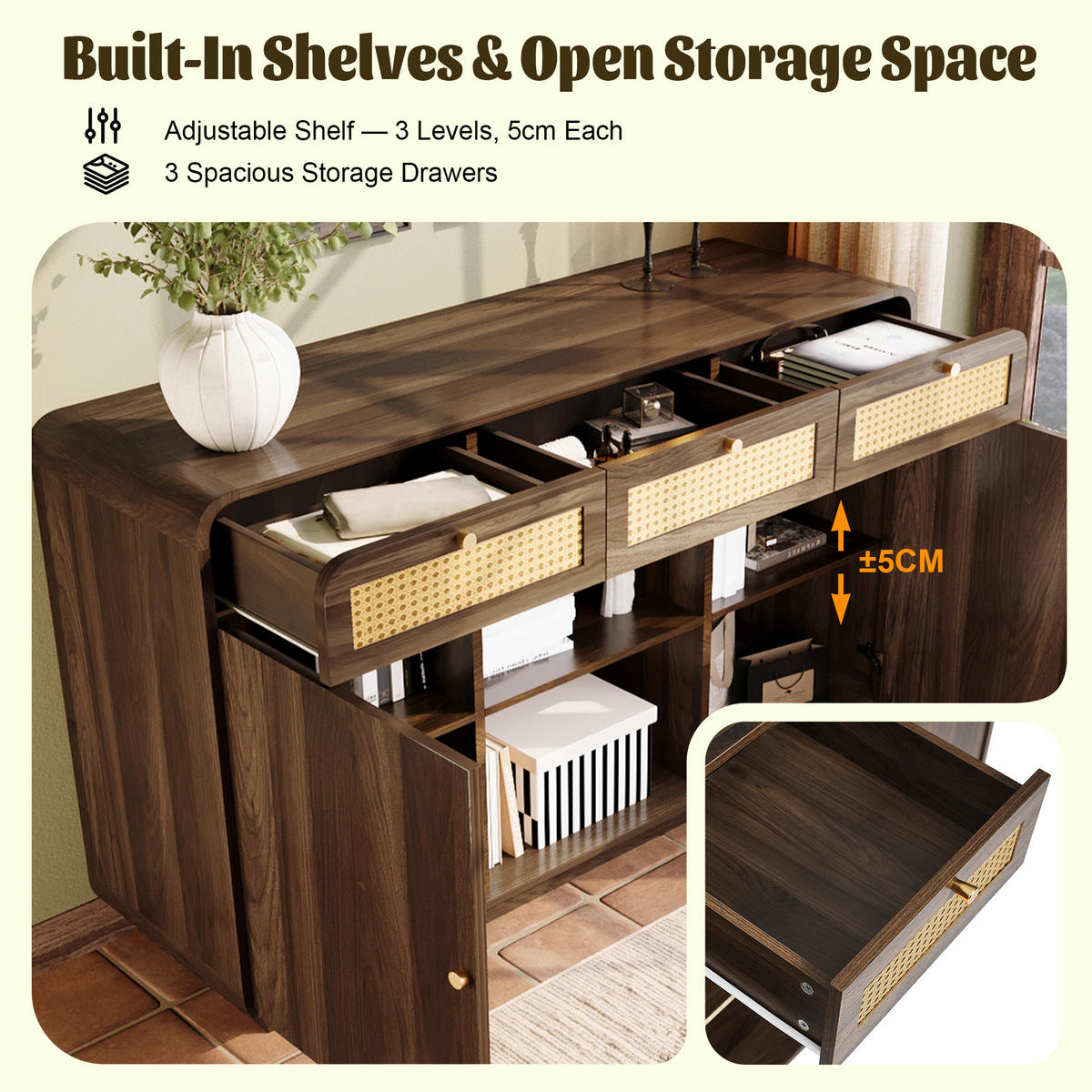 SIDEBOARD Nussbaum, Rattanfronten, Goldgriffe 3 Schubladen, 2 Schränke, Höhenverstellbare Einlegeböden - Walnussfarben, Holzwerkstoff (120/85/40cm) - Urban Meuble