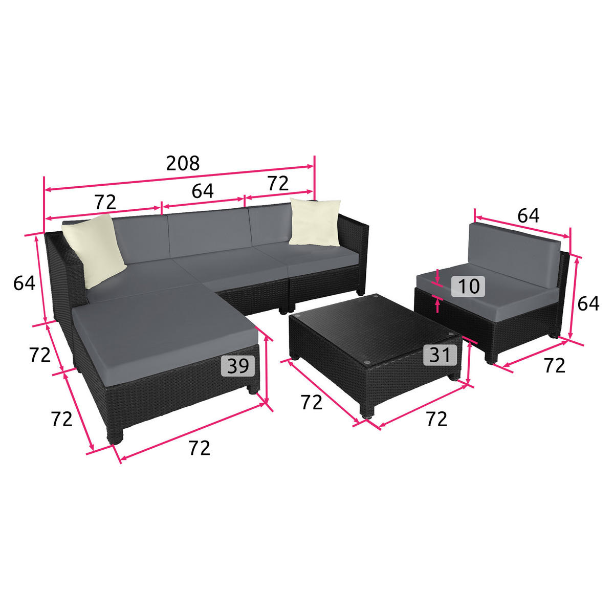 RATTANLOUNGE , mit Sicherheitsglasplatte, schwarz - Schwarz, Kunststoff - tectake