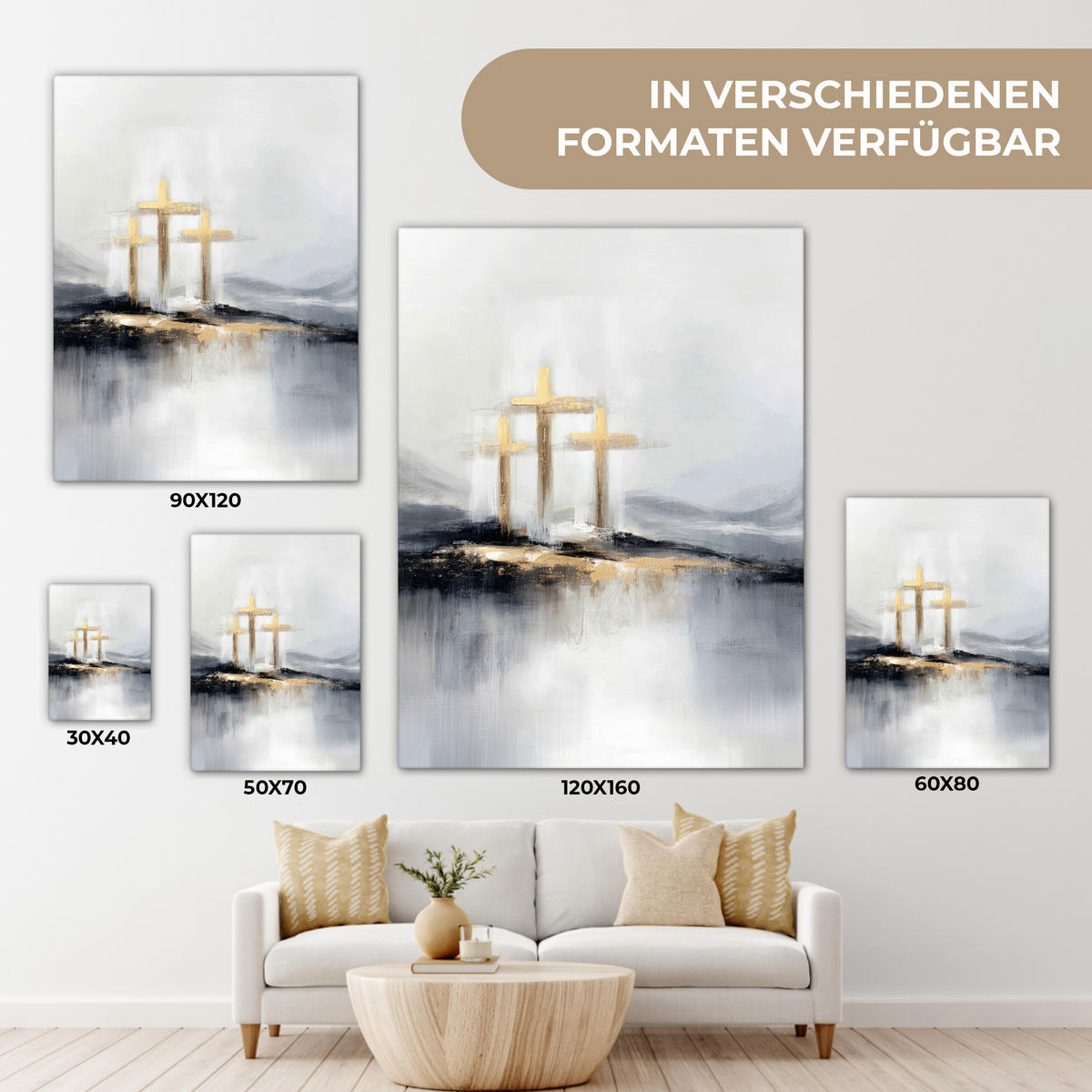 LEINWANDBILD Abstrakt - Malerei - Christentum - Kreuz Wandbild Wohnzimmer 60x80 cm - Weiß, Textil (60/80cm) - MuchoWow