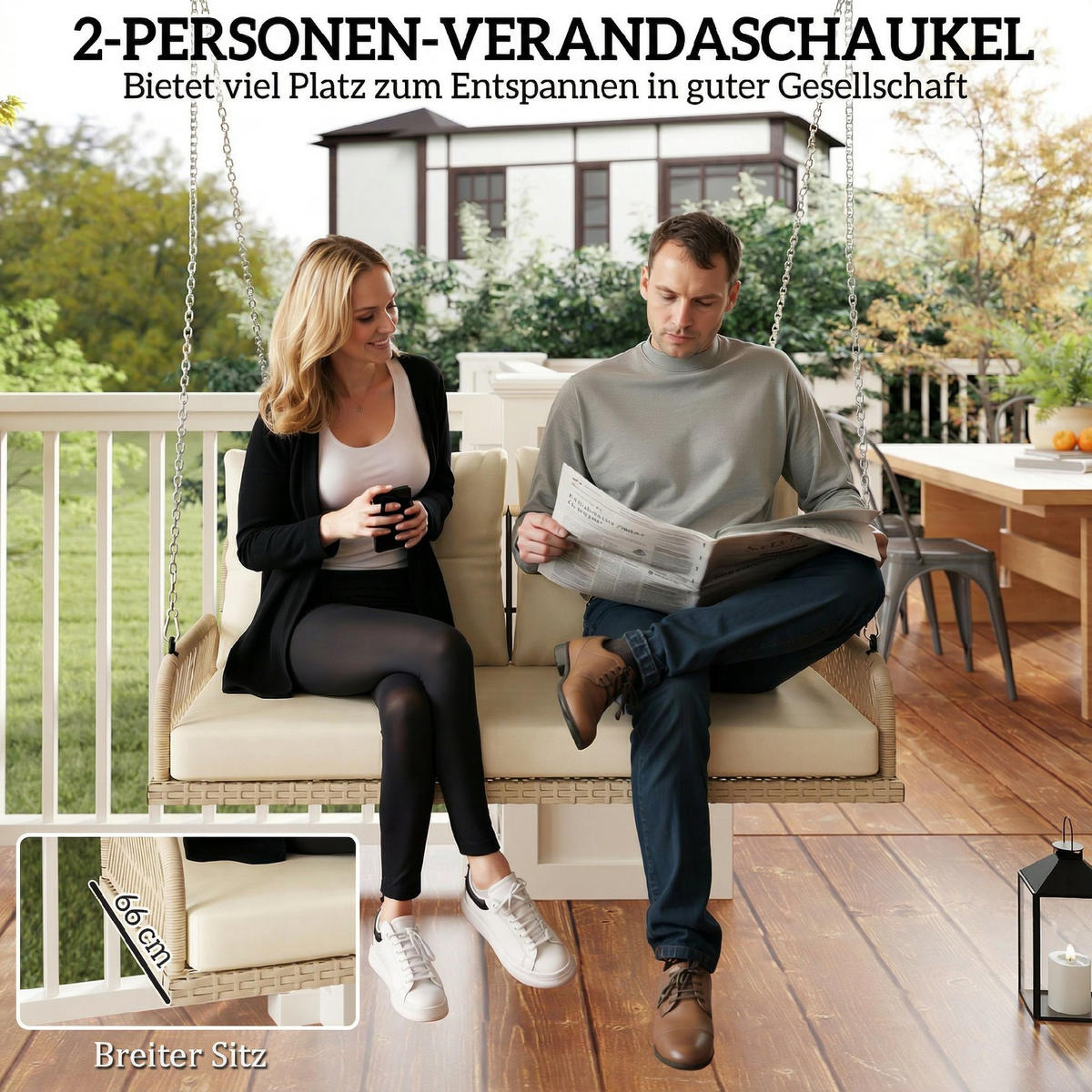 HOLLYWOODSCHAUKELL DE-06728 2-Sitzer, mit Kissen Beige - Beige, Kunststoff/Metall (115/44/66cm) - ComfortXL