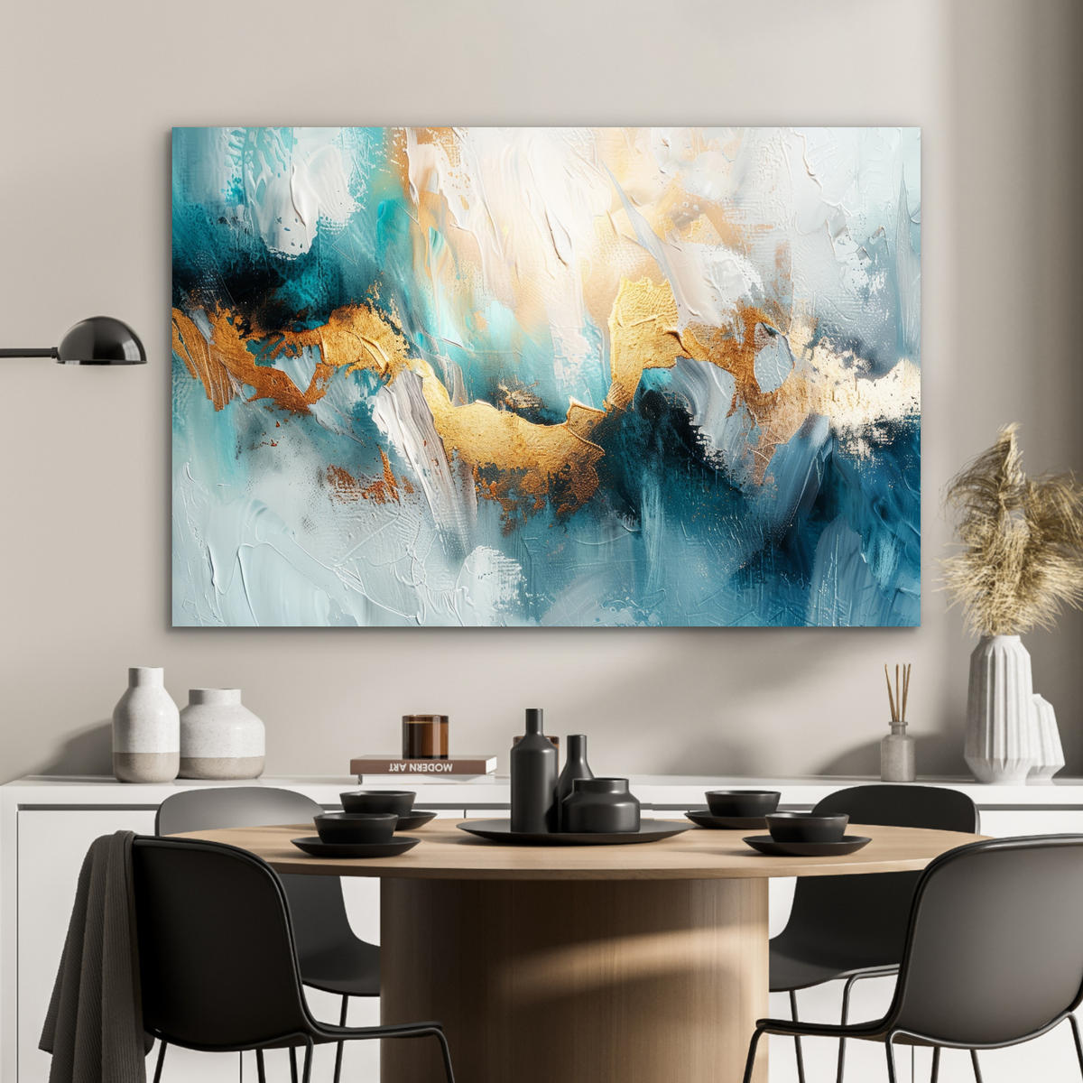 METALLBILD Abstrakt - Kunst - Gold - Blau 120x80 cm - Petrol, Metall (120/80cm) - MuchoWow