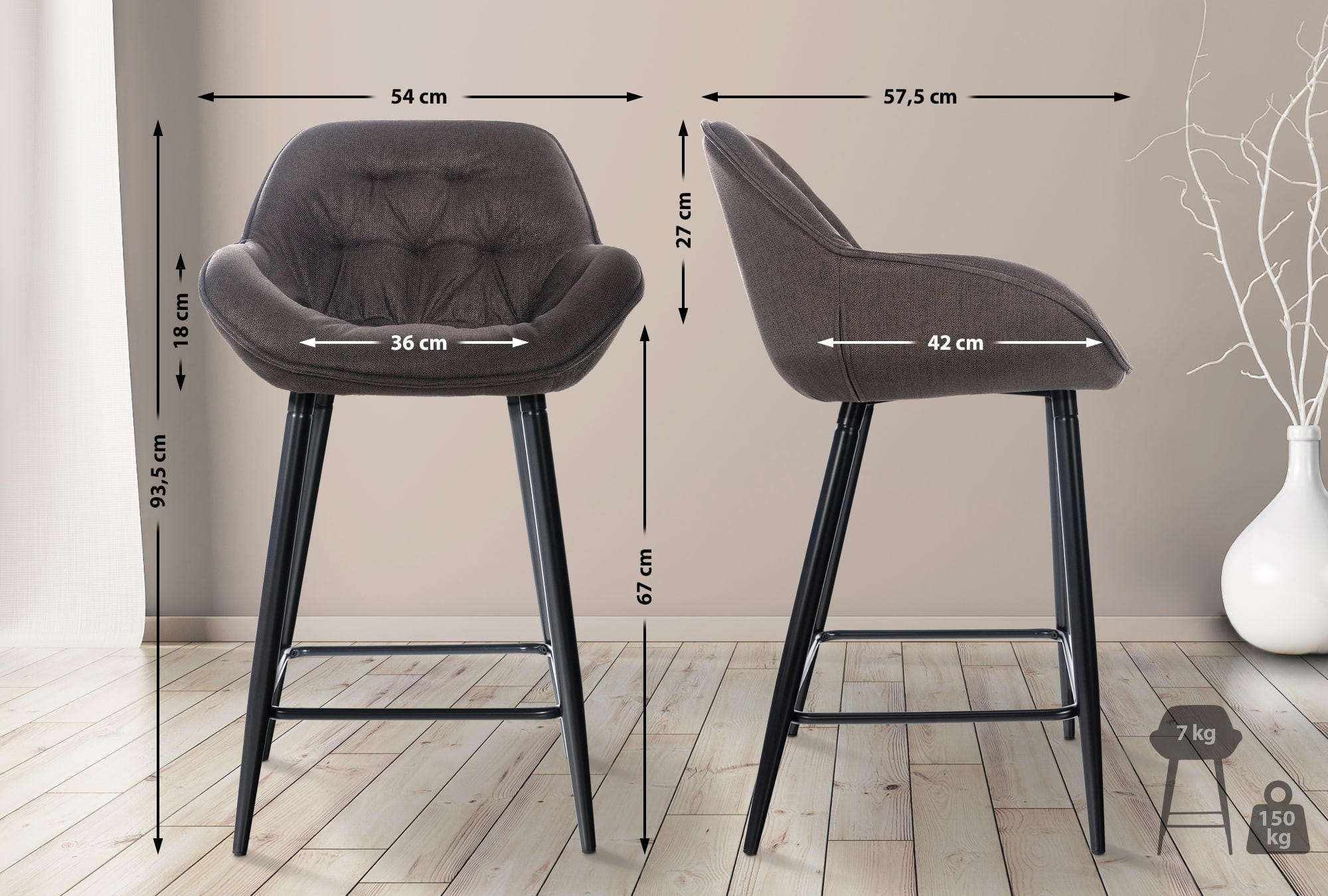BARHOCKER 2er Set Stoff braun - Schwarz/Braun, Textil/Metall (54/93.5/57.5cm) - CLP