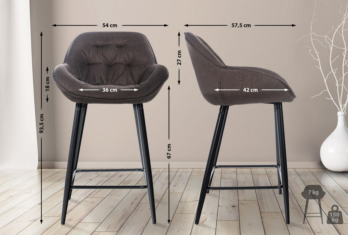 BARHOCKER 2er Set Stoff braun - Schwarz/Braun, Textil/Metall (54/93.5/57.5cm) - CLP