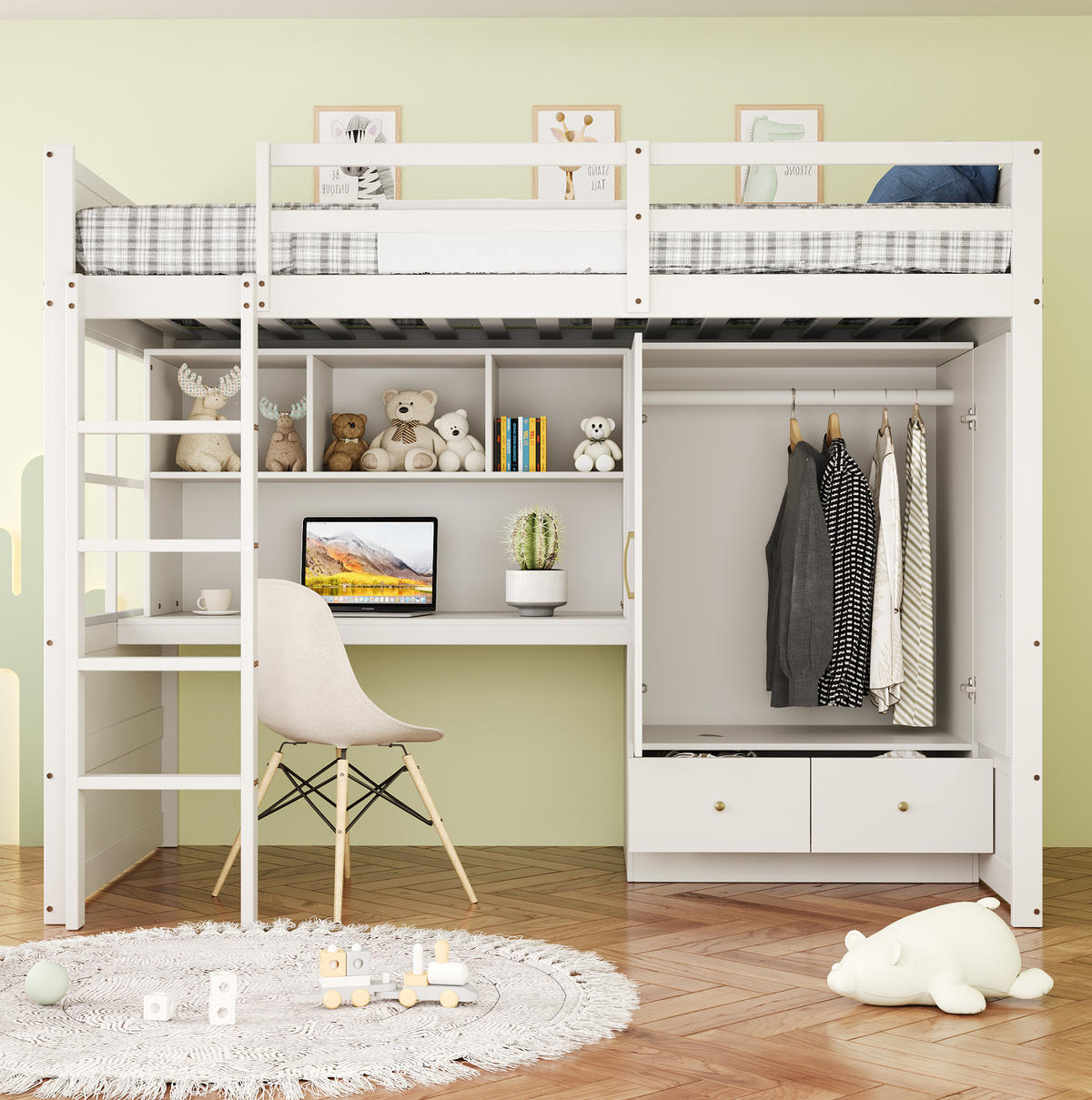 HOCHBETT 90/200 cm in Weiß mit Schreibtisch, Kleiderschrank und Schubladen - Weiß, Holzwerkstoff (90/200cm) - Flora Grace