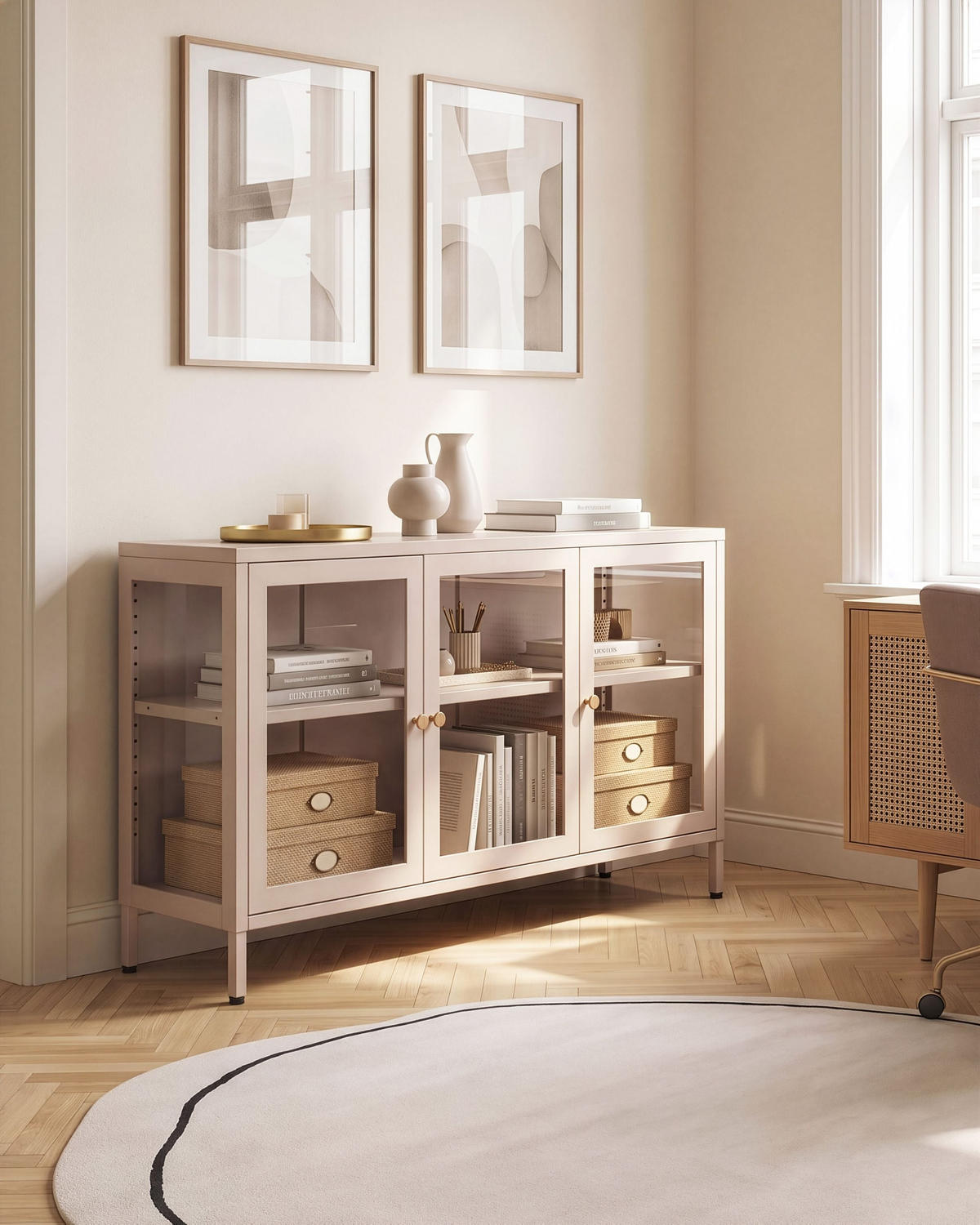 SIDEBOARD mit Glastüren Metall 115 cm Beige Newport - Beige/Goldfarben, Metall (115/64/35cm) - Beliani
