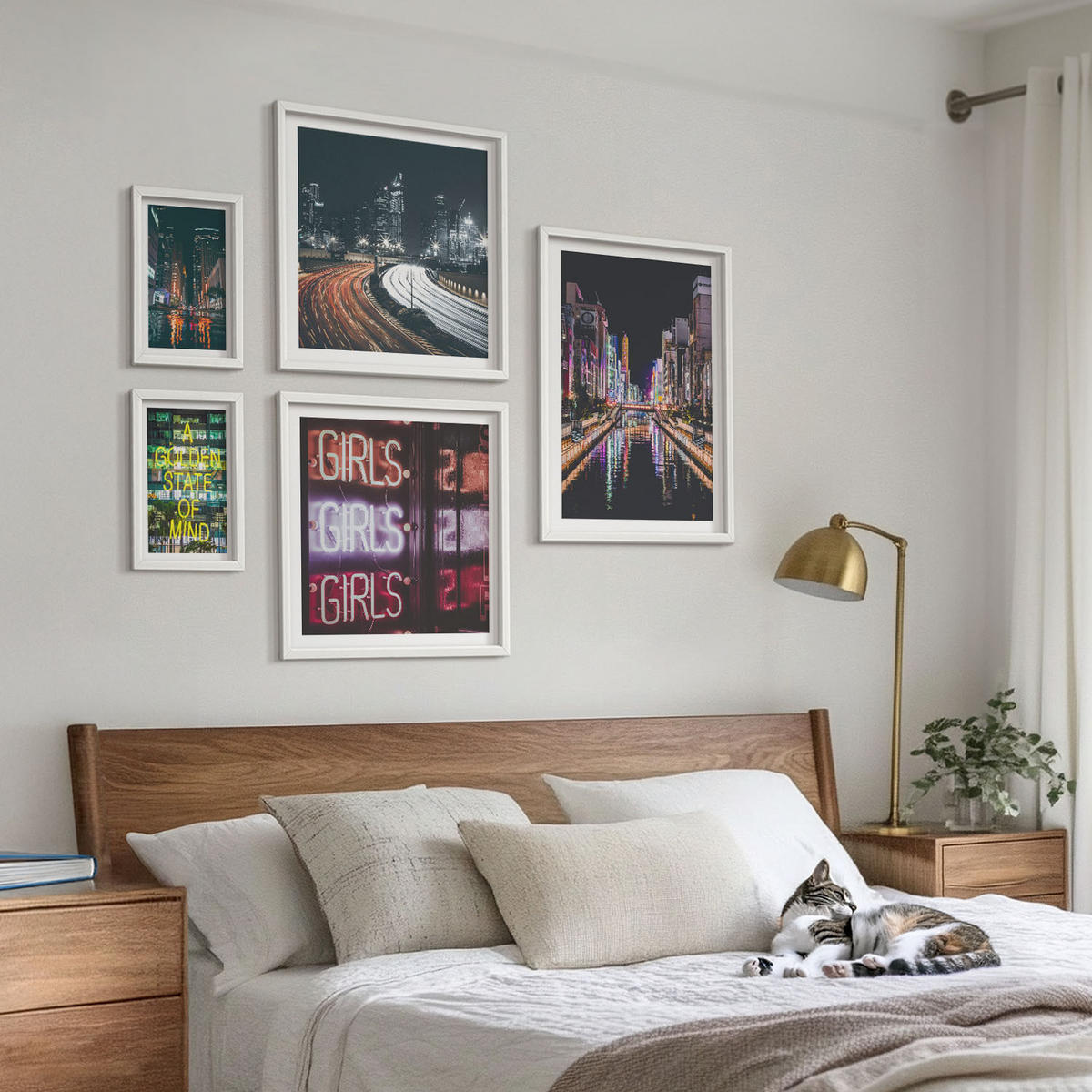 BILDER SET 5er Set - 50x50 cm & 20x30 cm & 40x60 cm Weißer Rahmen - Neonreklamen in der Stadt bei Nacht - Weiß, Kunststoff (40/60cm) - TULUP