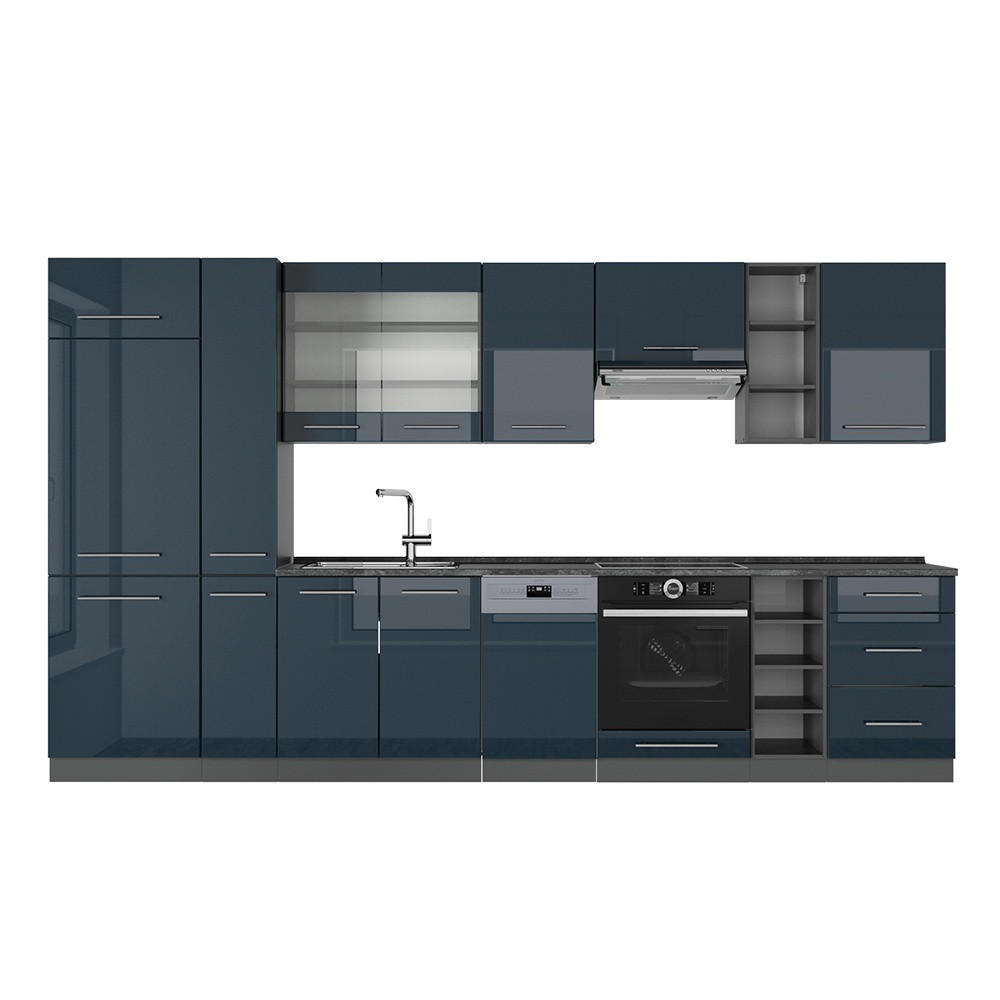 KÜCHENZEILE Fame-Line Dunkelblau Hochglanz/Anthrazit 355 cm , AP Anthrazit - Anthrazit/Dunkelblau, Holzwerkstoff (355/81.6/60cm) - Vicco