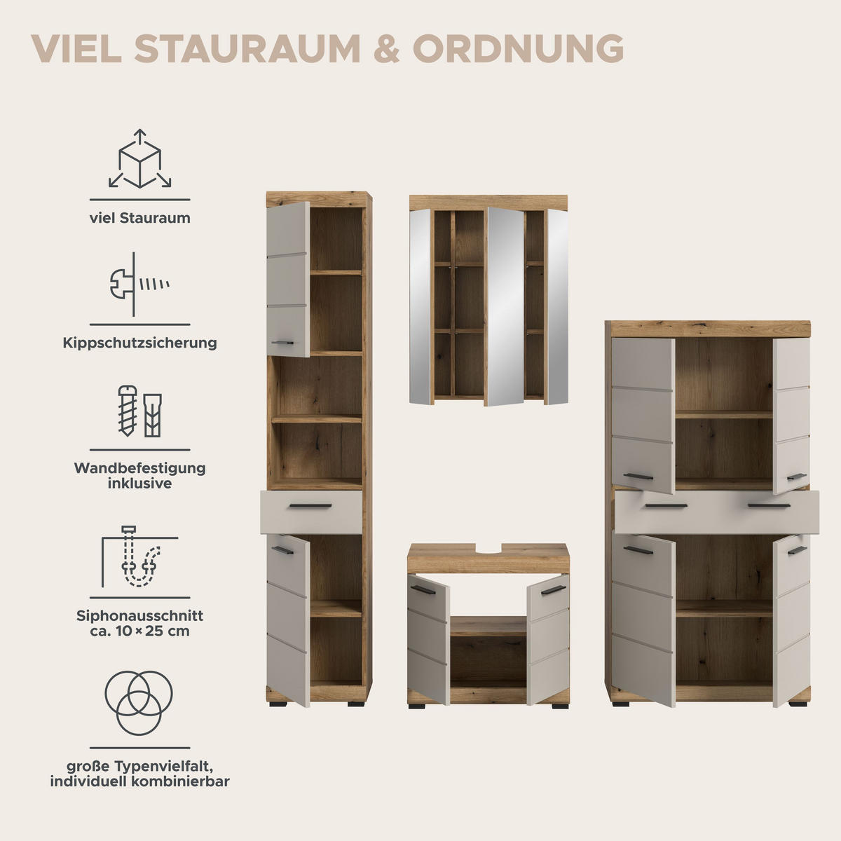 BAD-SET SCOUT 4-tlg. (B/H/T: ca. 201/191/34 cm) in Evoak Oak Nachbildung/- - Eichefarben, Holz (201/191/34cm) - Homes & Jones