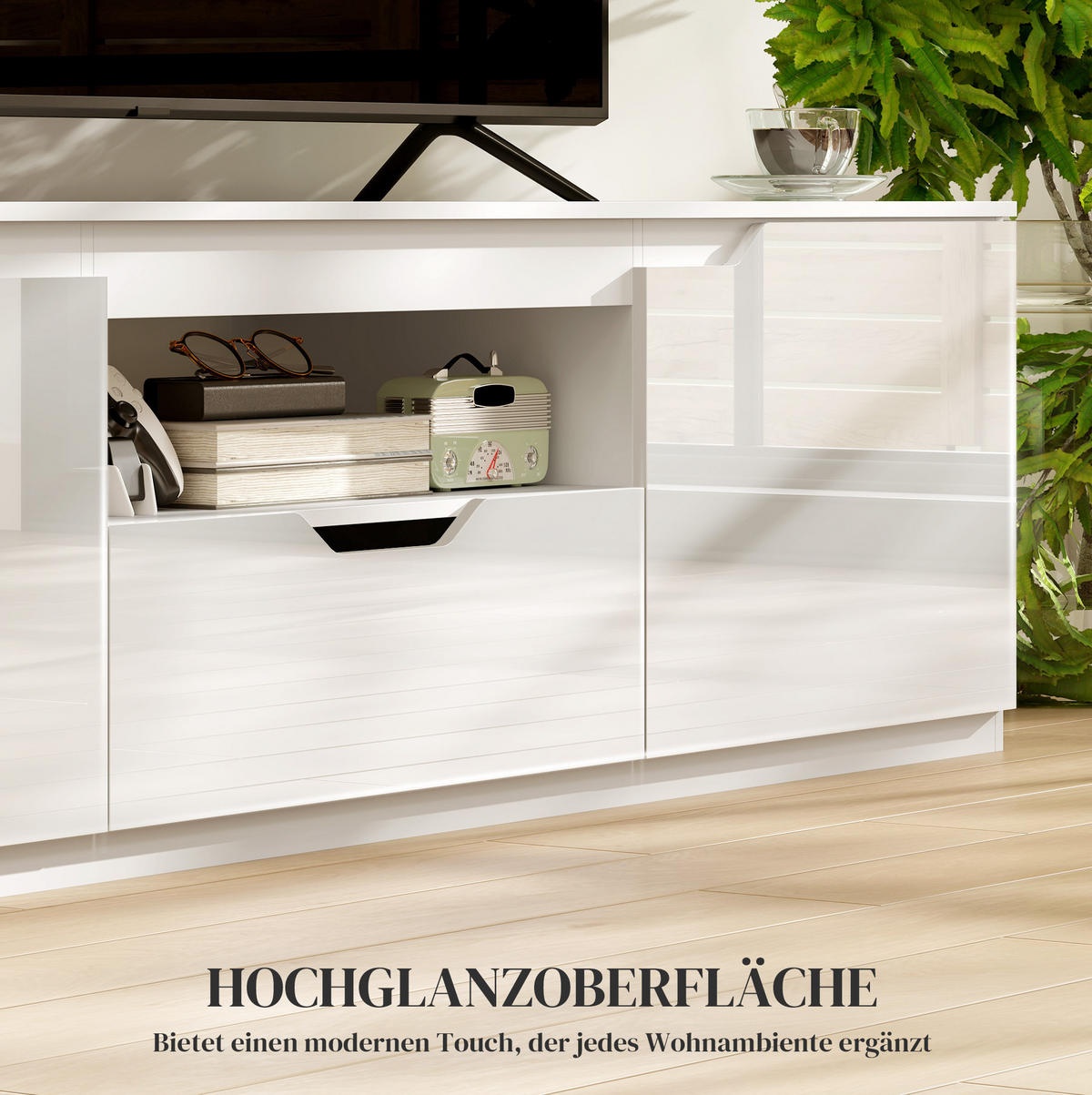 TV komoda 160/38/43 cm bijela, drvena, s odlaganjem i upravljanjem kabela - bijela, drvni materijal (160/43/38cm) - BEAOK
